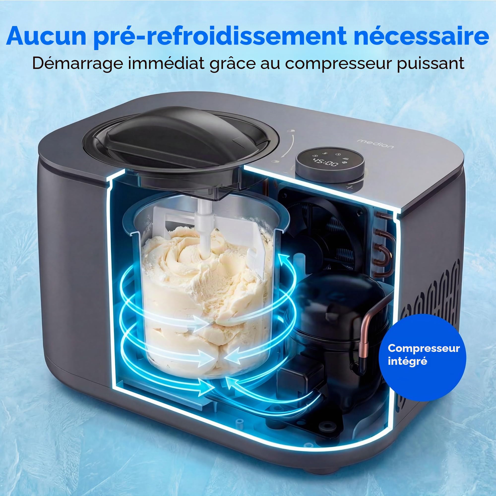 MEDION Sorbetière à compresseur glace, yaourt glacé et slush