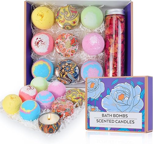Juego de regalo de bombas de baño Juego de 6 bombas de baño, 3 velas perfumadas y pétalos de rosa secos, kit de baño de spa Bubble Fizzies para la