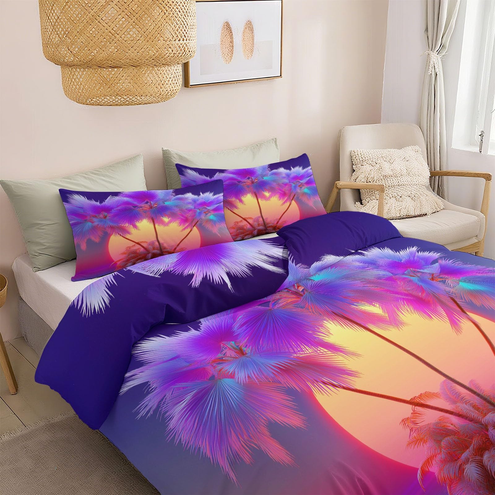 Poszwa na kołdrę dziecięca fioletowa 200 x 200 cm i 2 poszewki na poduszkę 65 x 65 cm, zestaw pościeli z mikrofibry z palmami plażowymi 3D, 2-osobowy zestaw pościeli z zamkiem błyskawicznym dla