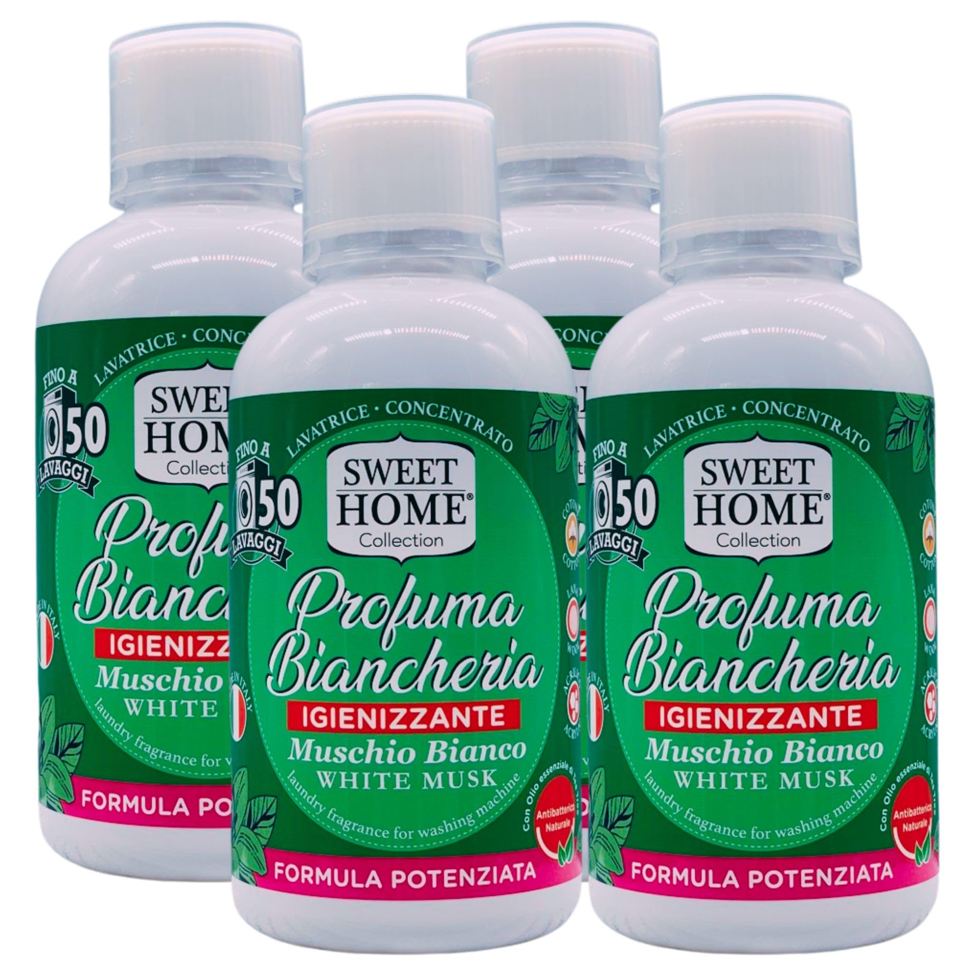 Sweet Home, Profuma Biancheria Formula Potenziata Igienizzante, Antibatterico Naturale. Disponibile In Due Profumazioni 250ml (4 Flaconi, Muschio Bianco)