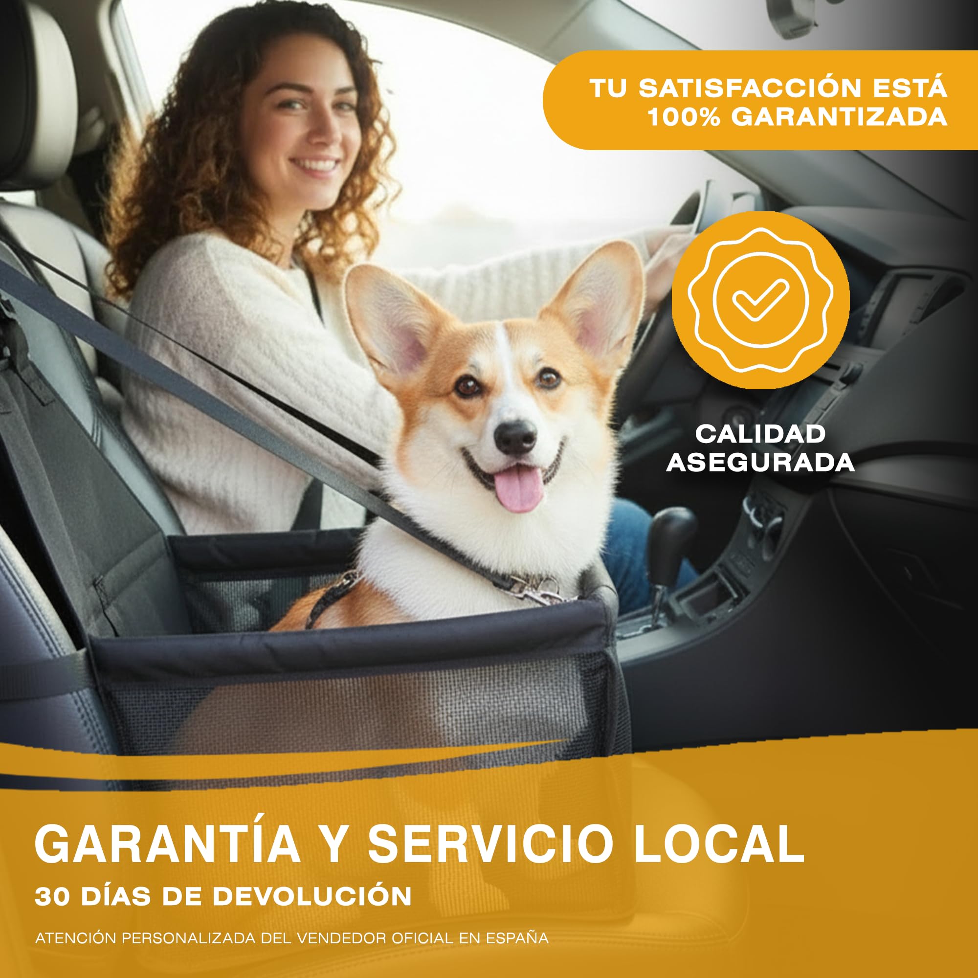 Transportin Perros y Gatos de Coche | Base Rígida y Tejido Impermeable con Correas Ajustables |Viajes Comodos y Tranquilos | Incluye Cinturón de Seguridad y Bol de Viaje Plegable | 40x40x32 cm.