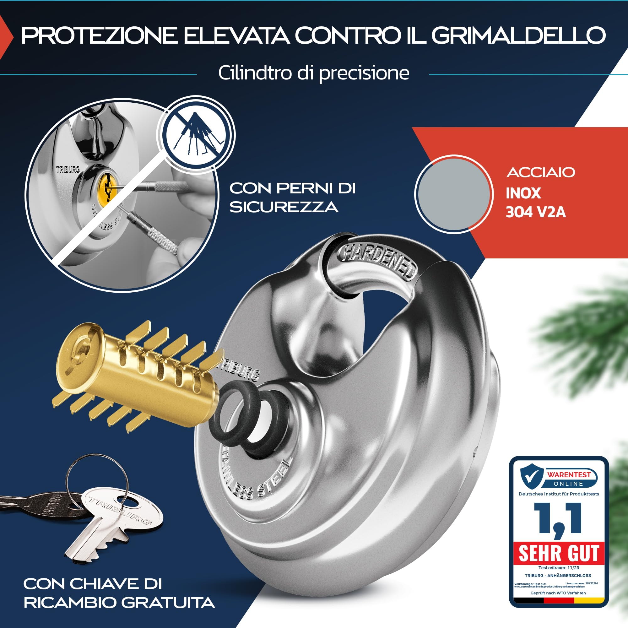 Serratura per rimorchio TRIBURG incl. serratura rotonda + tappo di protezione per gancio di traino GRATUITO - Sicurezza robusta per rimorchi agganciati e sganciati - Serratura per timone
