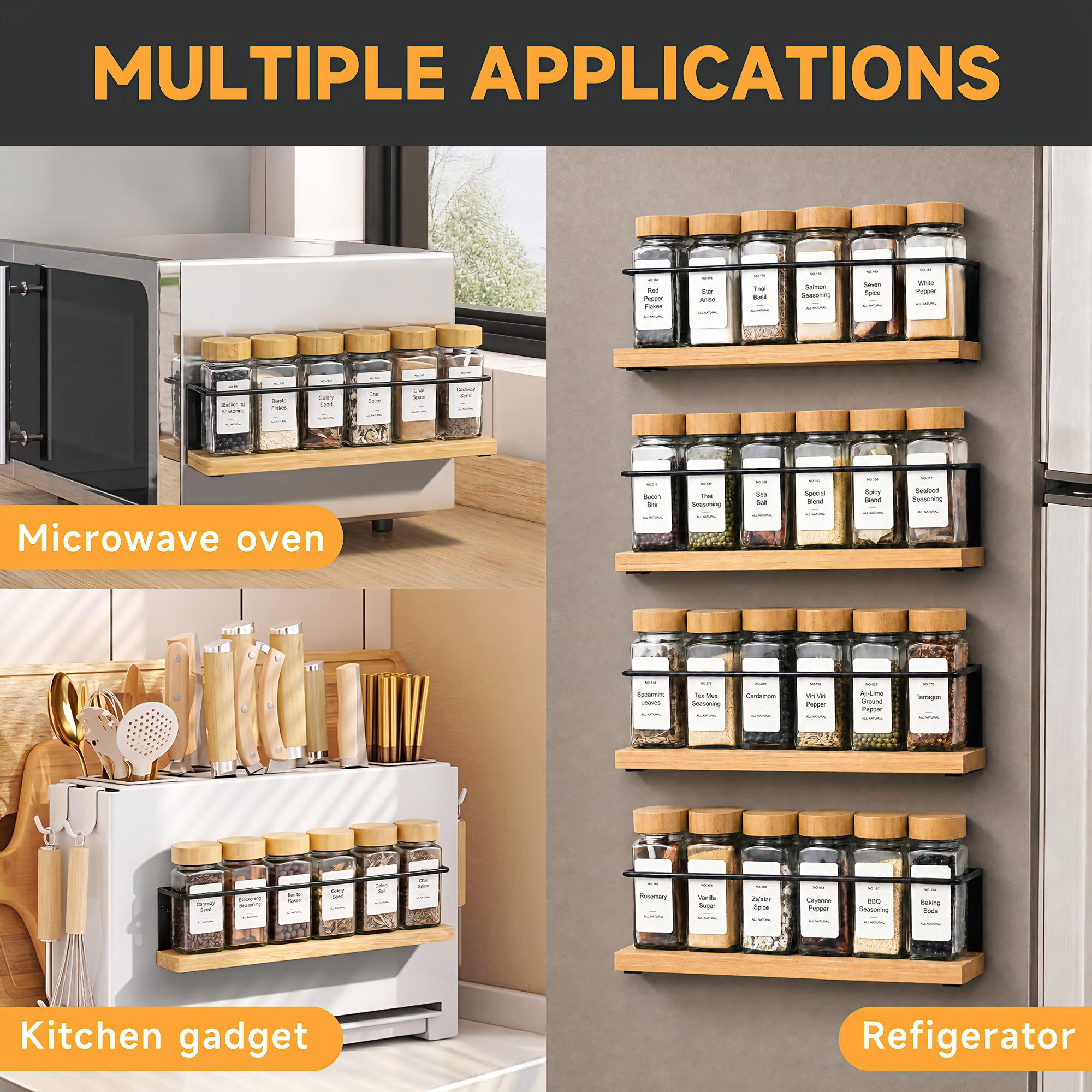Magnetisches Gewürzregal aus Bambus für Kühlschrank, platzsparendes Komplett-Set mit 24 Bambusdeckel-Glasbehältern, 216 wasserdichten Etiketten & Stahltrichter, Kühlschrank-Gewürz-Organizer