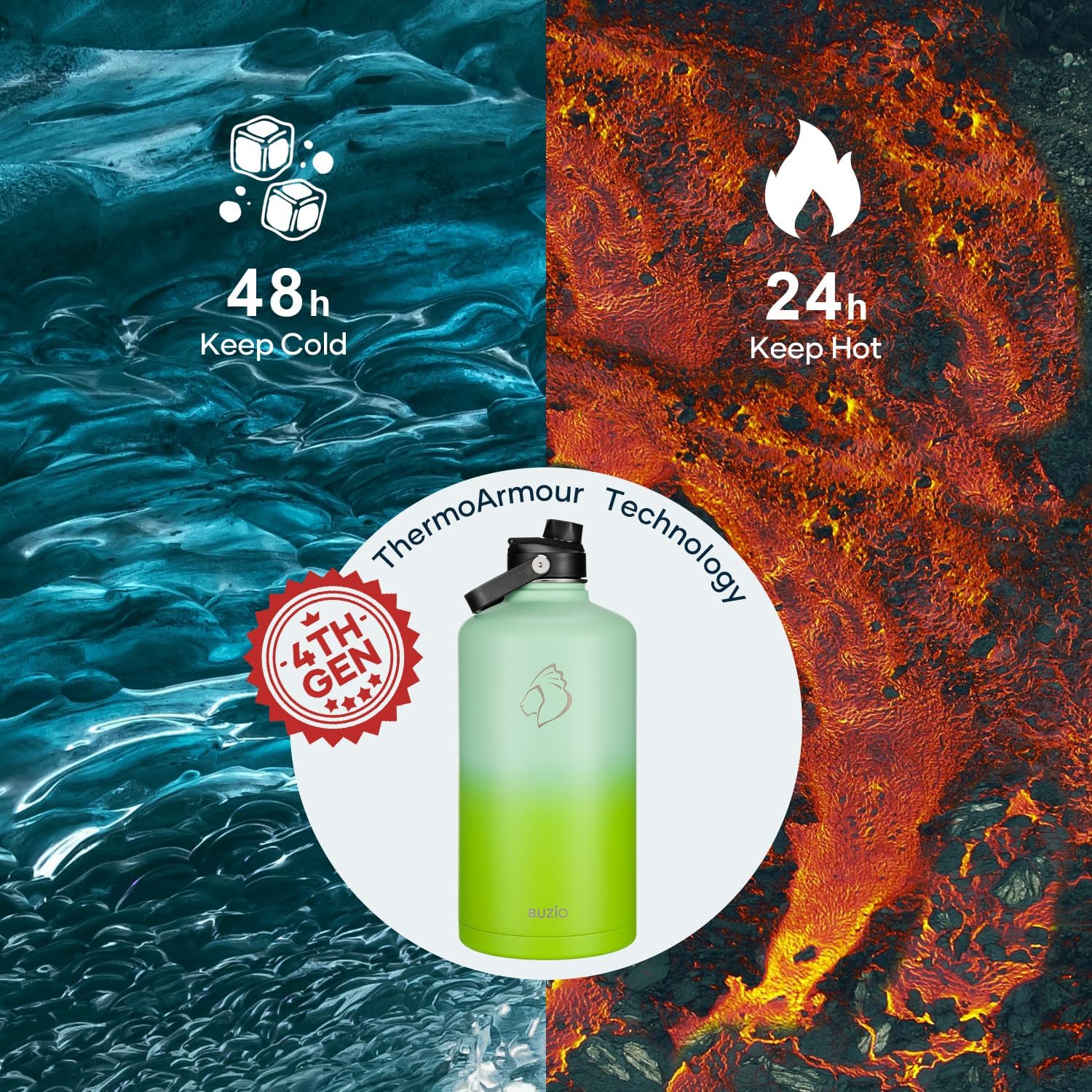 BUZIO 128oz Gallon Water Bottle, Insulated Water Jug with Straw Lid and Carrying Sleeve (Cold for 48 Hrs) Stainless Steel Hydro Metal Canteen Water Flask, Gradient Green - Image 2