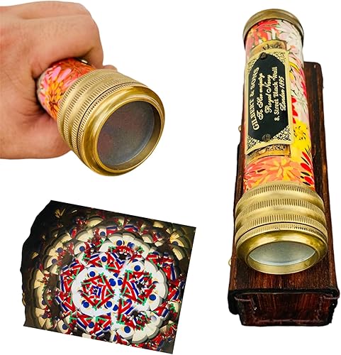 VARTH Caleidoscopio de latón antiguo con cubierta de cuero y caja, hecho a mano, aspecto vintage, acabado antiguo, lente de espejo, caleidoscopio,