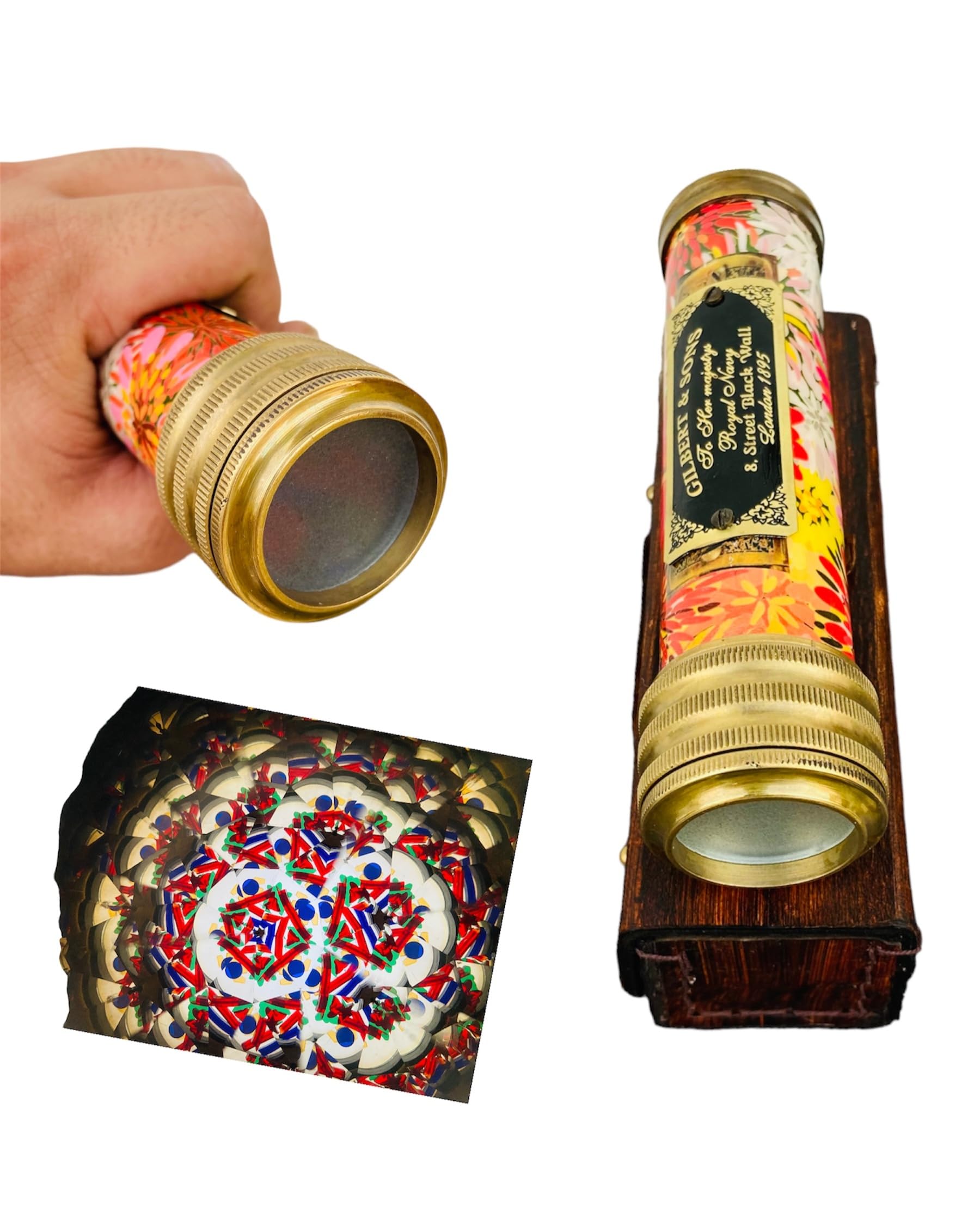 VARTH Antique Brass Kaleidoscope with Leather Cover & Box Handmade Vintage Look Antique Finish Mirror Lens Kaleidoscope Gifts for Kids Friends Family Children