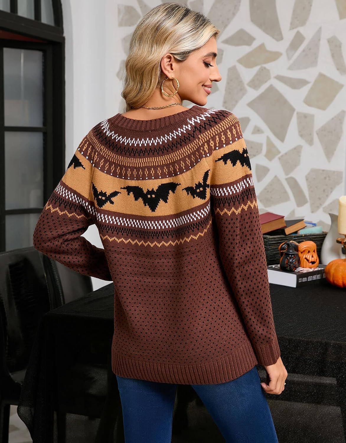 Women's Fair Isle Sweater Crew Neck Long Sleeve Heart Sweater Vintage Tops