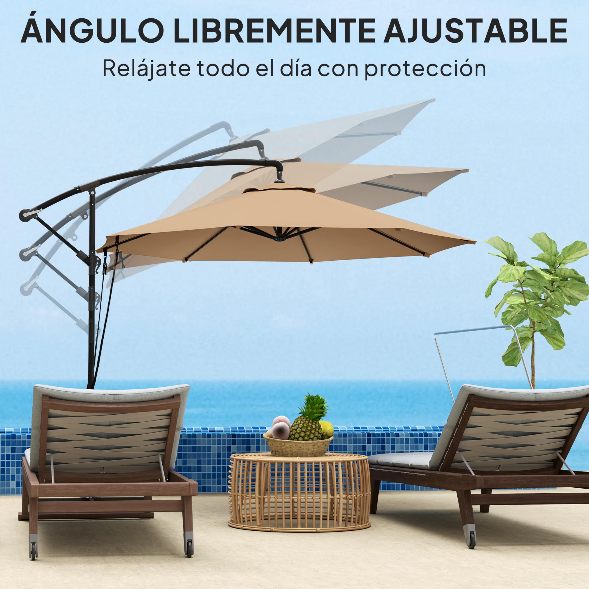 Outsunny Parasol Excéntrico Ø 290 cm Sombrilla de Jardín con Base Cruzada Toldo Giratorio 360° Manivela Funda Protectora y Cuerda de Viento Anti-UV 50+ para Terraza Patio