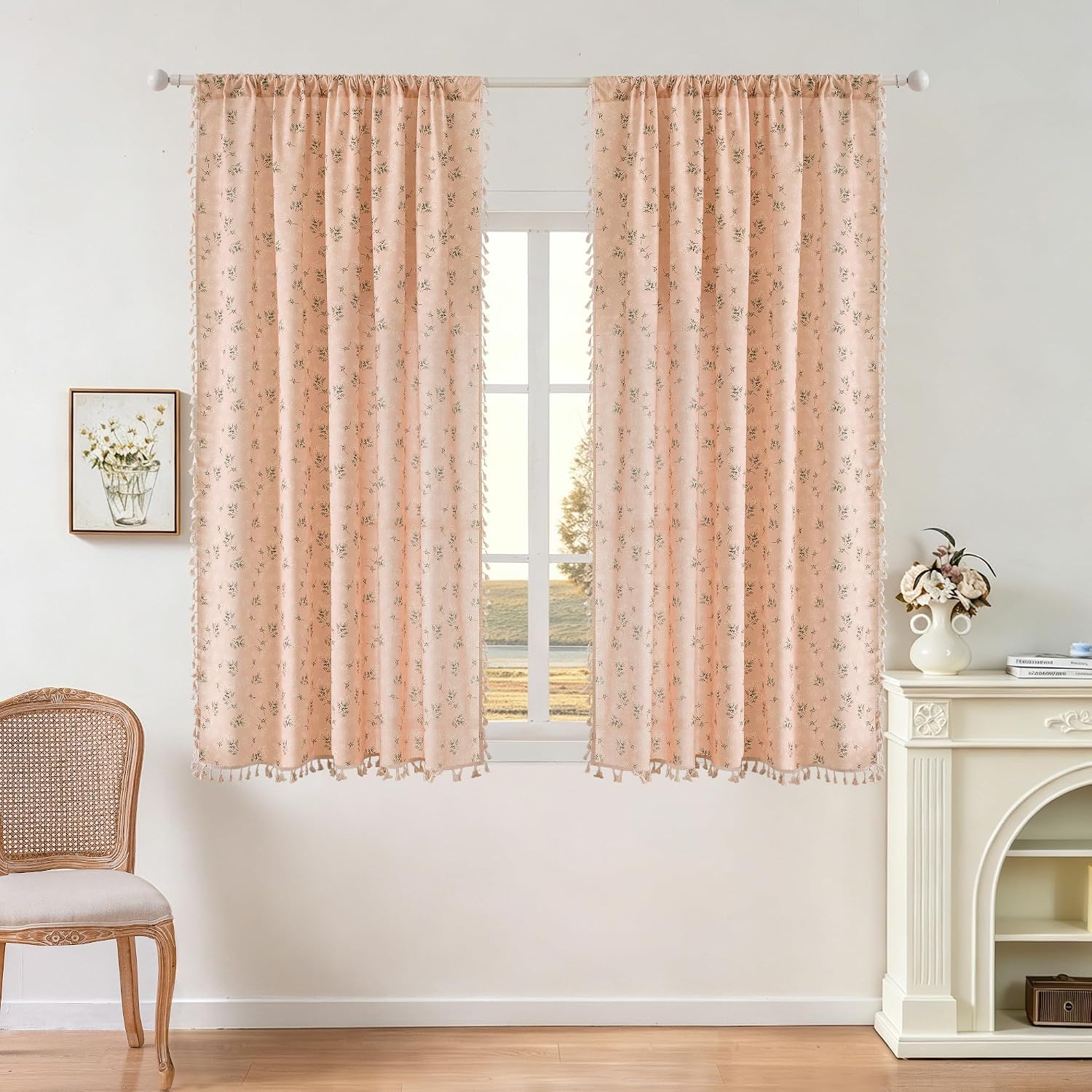 Modern White and Green Flower Boho Kitchen Curtains 63 Inches,Cute Tassels Bohemian Printed Living Bedroom Fall Curtain 2 Panels,Country Style Beige Window Drapes Rod Pocket image 2