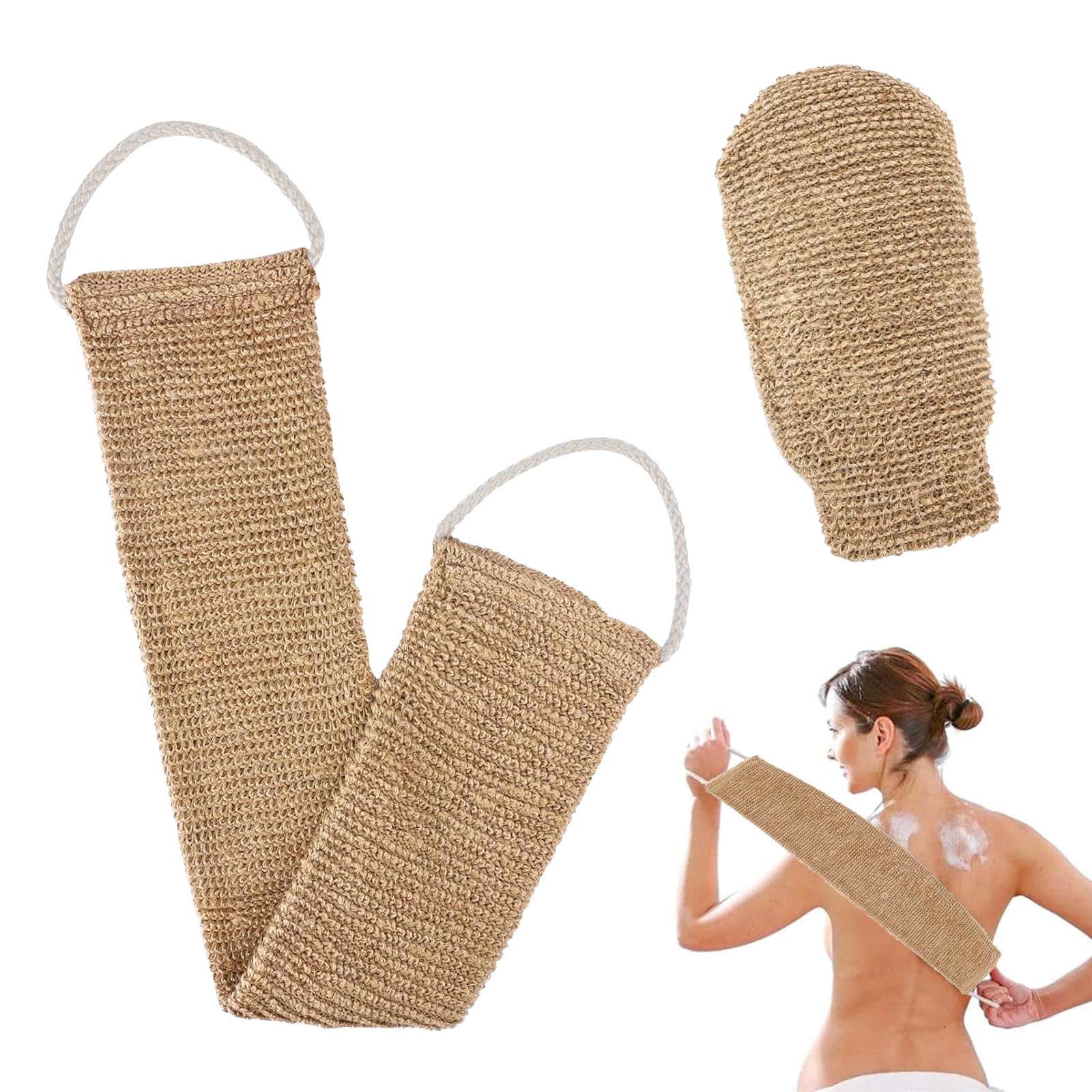 Esponja Exfoliante Corporal, Guantes Exfoliante Corporal,Depurador de Espalda de Fibra de Bambú, Exfoliante de la Espalda de Doble Cara,Accesorios de Ducha Exfoliantes de Yute Natural (Marrón)
