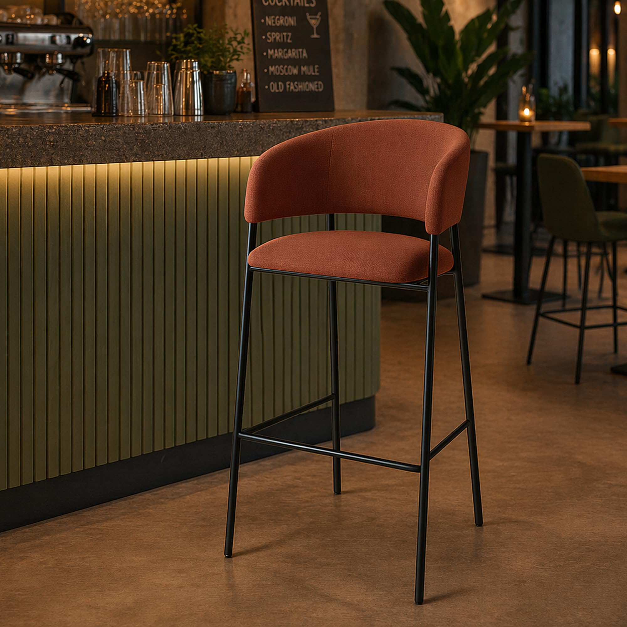 Cribel BRIGITTE Set 2 Sgabelli Alti da Bancone Bar in Tessuto Ruggine con Gambe Nere, Altezza Seduta 75 cm, Design Moderno con Schienale Ergonomico, 50x50x110 cm