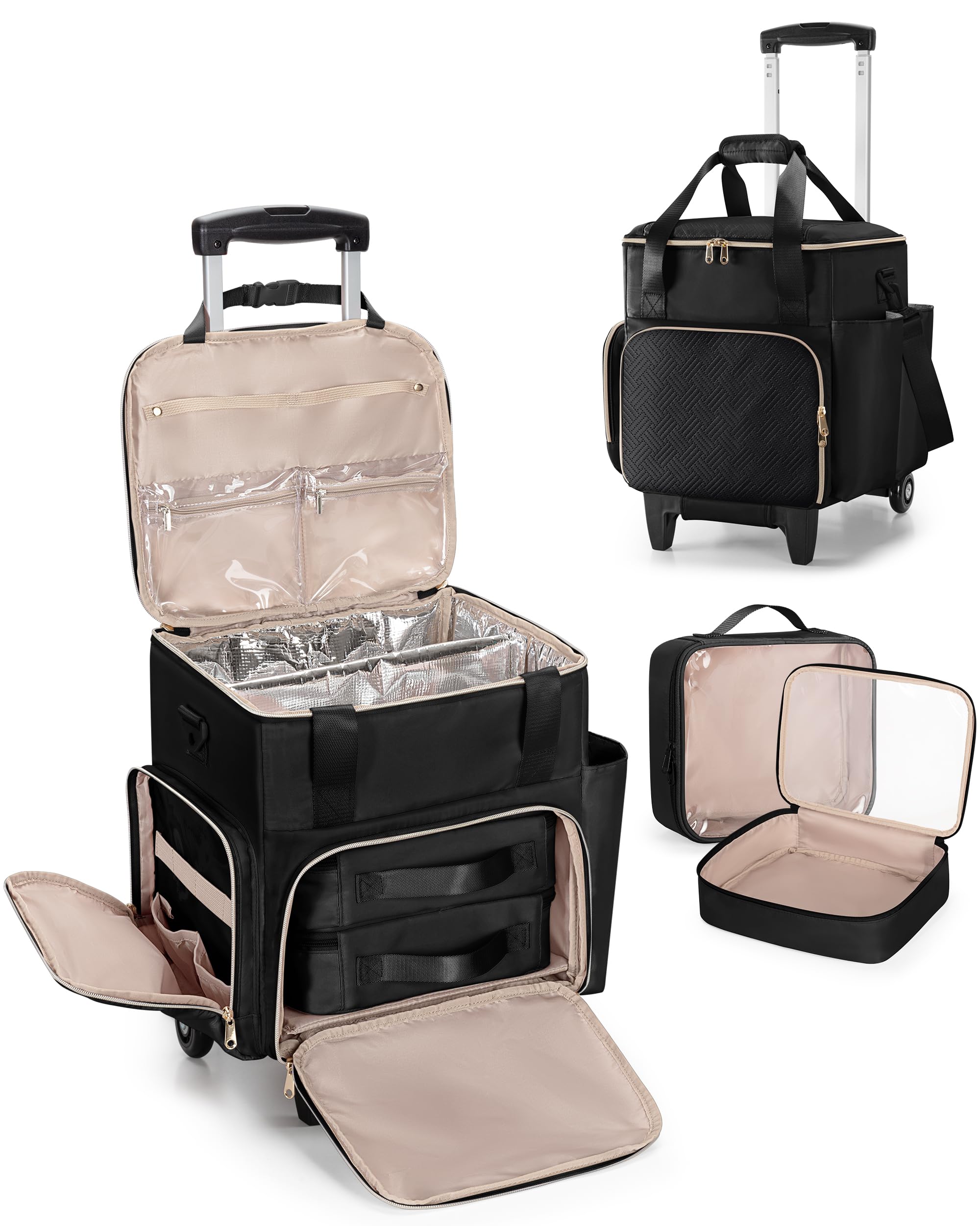 Borsa Trolley da Viaggio per Parrucchieri, Borsa Porta-Attrezzi con 2 Pochette Rimovibili e Strato Termoisolante, Valigia su Ruote per Cosmetica e Make-up, Nero