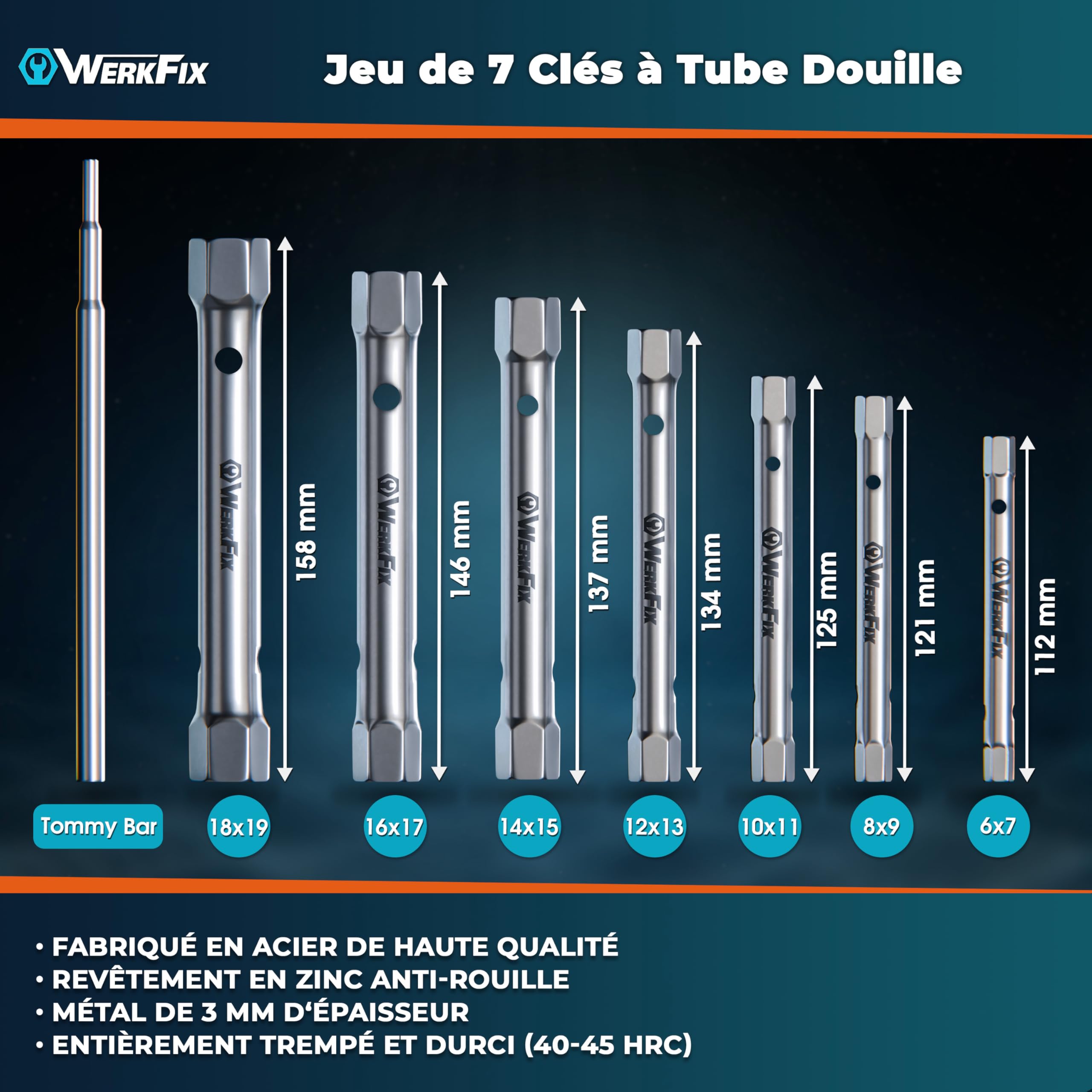 S&R WERKFIX Jeu Clés Tubulaires - 7 Clés à Tube Douille 6-19 mm. Pour Bougies et Lavabo