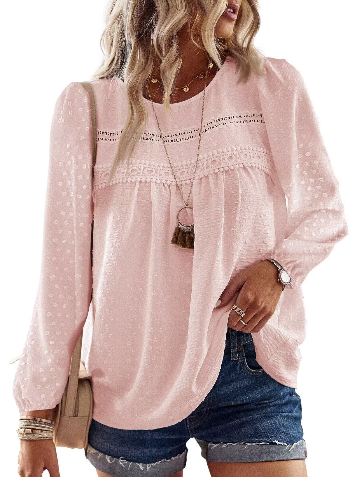 Falechay Womens Fall Tops Crewneck Long Sleeve Shirts Casual Chiffon Blouses Flowy Lace Hem Boho Clothing Trendy 2025