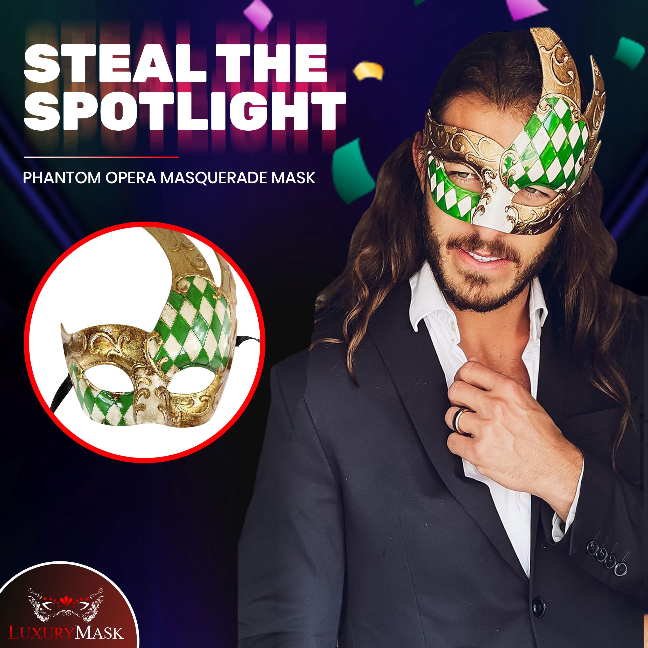 Luxury Mask Men's Vintage Design Venetain Prom Mardi Gras Musical Checkered Masquerade One Size Green/Gold Checkered - Image 3