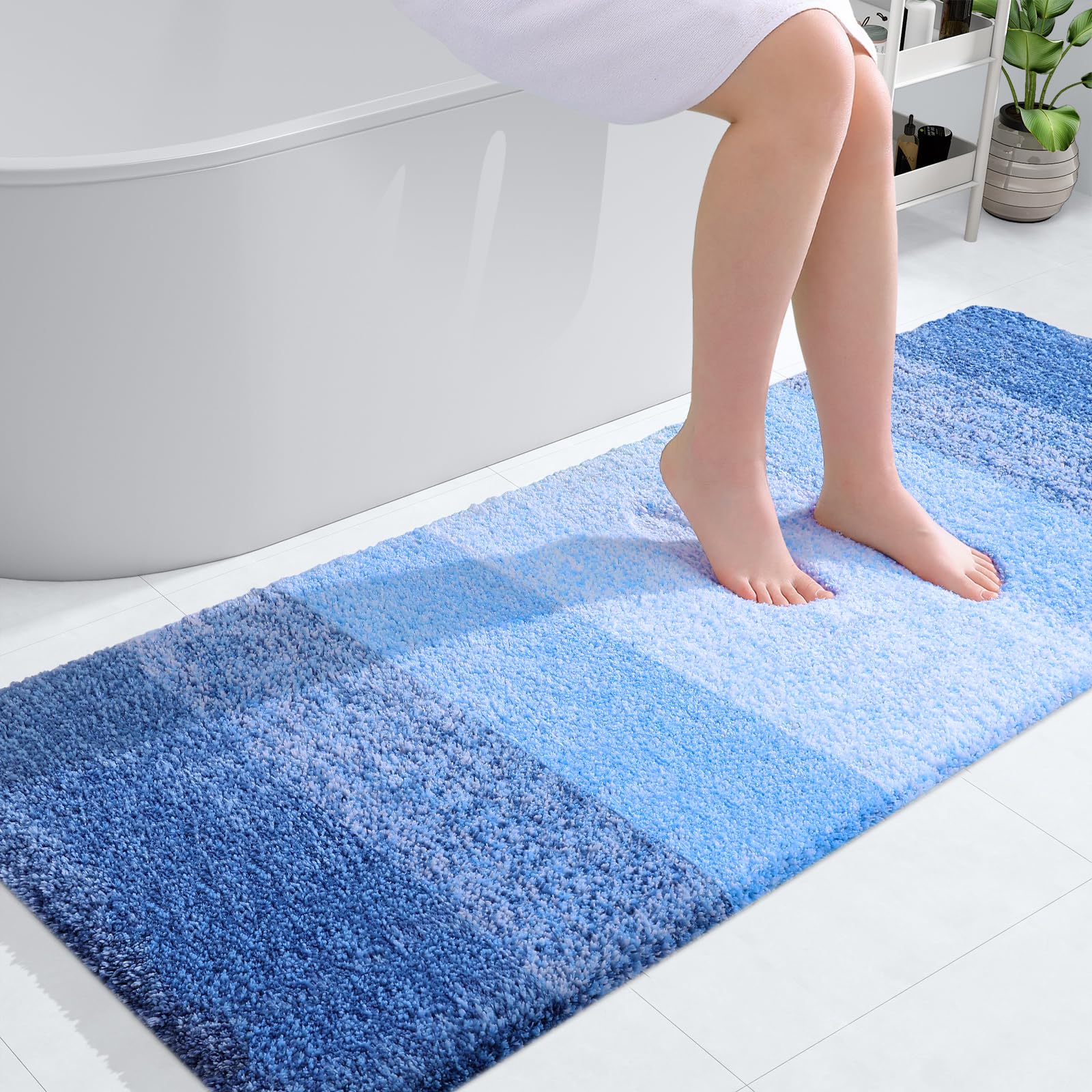 OLANLY Bathroom Runner Rug 54x24, Extra Soft Absorbent Microfiber Bath Rugs | Light Royal Blue, Non-Slip Quick-Drying Rubber Backing, Washable Long Bath Mat for Floor, Tub and Shower, Home Decor
