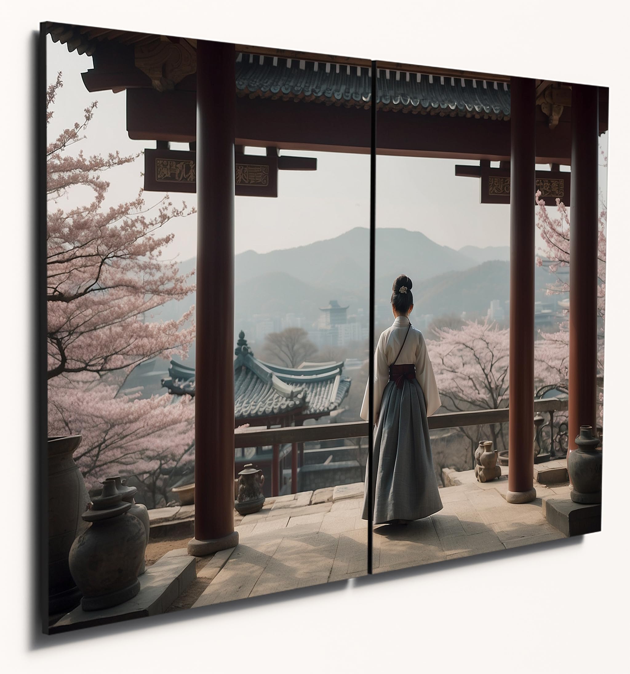 The Plum Penguin Design 4 Traditional South Korean Garden Scene Wall Art, A4 Twin Set, 6Mm Mdf Wood Print Canvas Alternative 40 X 30Cm