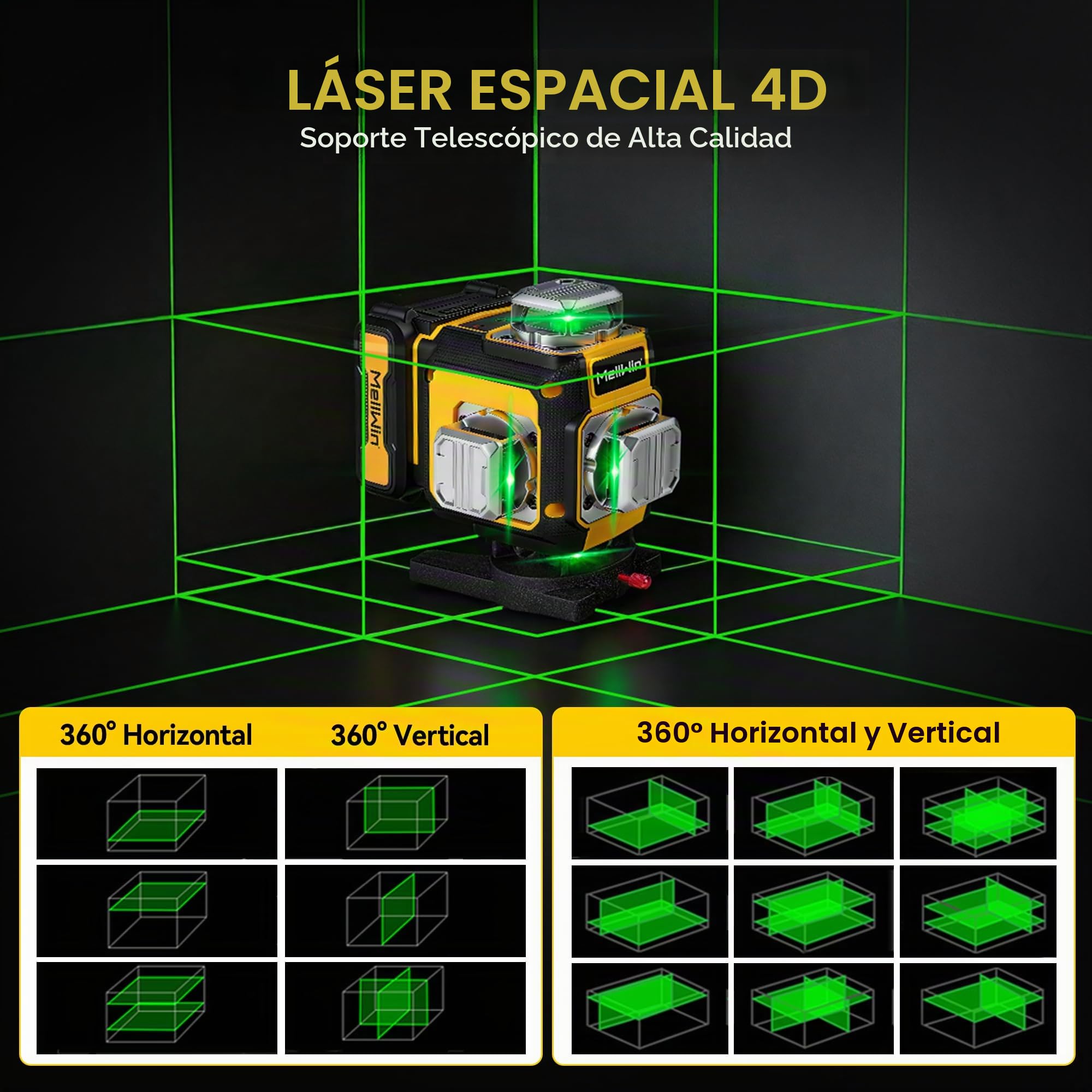 Nivel láser con trípode, nivelador láser 4D y autonivelante de 16 líneas, láser de líneas cruzadas con 2 baterías,multifuncional,nivel laser autonivelante 360 grados,modo pulso, IP54, control remoto
