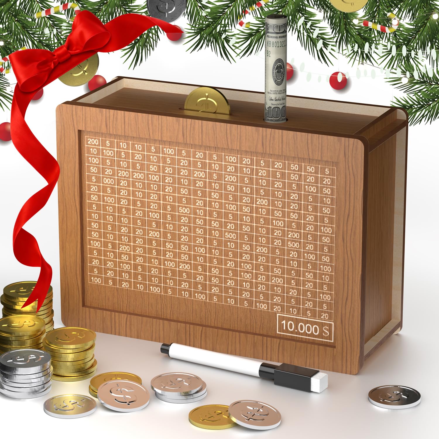 10000 Savings Challenge Box, Cash Vault Wooden Savings Box 10000, Kakeibo Money Saving Box 10000 with Numbers, Caja De Ahorros 10000 Savings Box with Erasable Pen