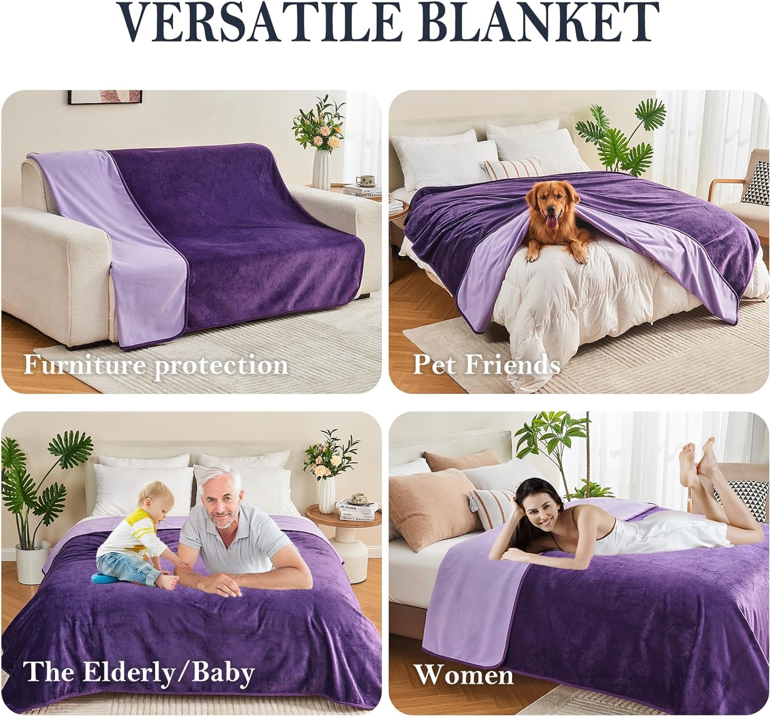 Waterproof Blanket 40"x60" for Adults, Reversible Waterproof Bed Cover for Dogs Cats Pets, Soft Leakproof Blanket for Bed Couch Sofa Furniture Protector, Dark Purple/Light Purple - Image 3