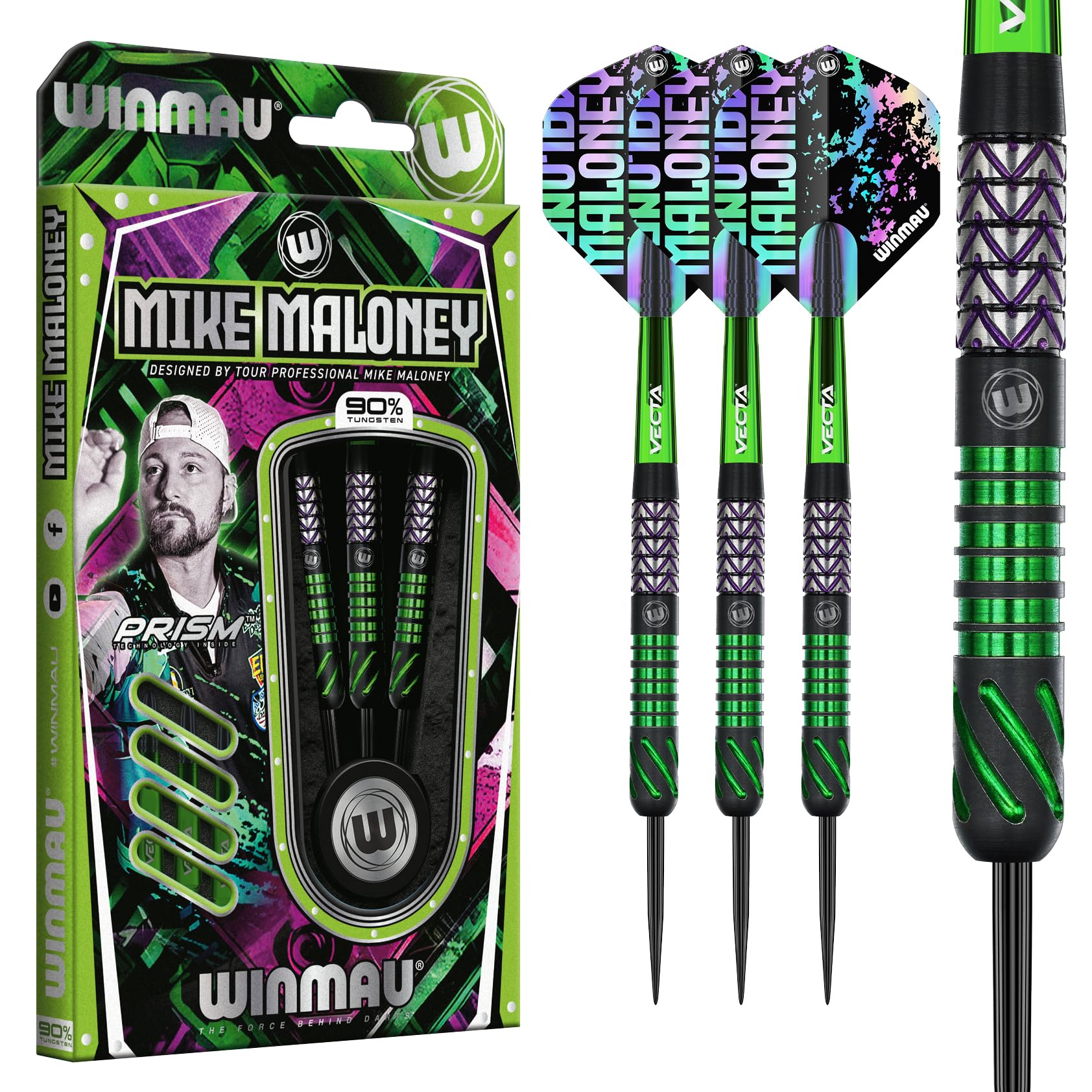 Winmau Profesjonalny gracz, seria Mike Maloney, zestaw rzutek 90% wolframu z lotkami do rzutek i trzonkami do rzutek - dostępny w miękkiej końcówce 16 g i 18 g, waga beczki i metalowa końcówka do