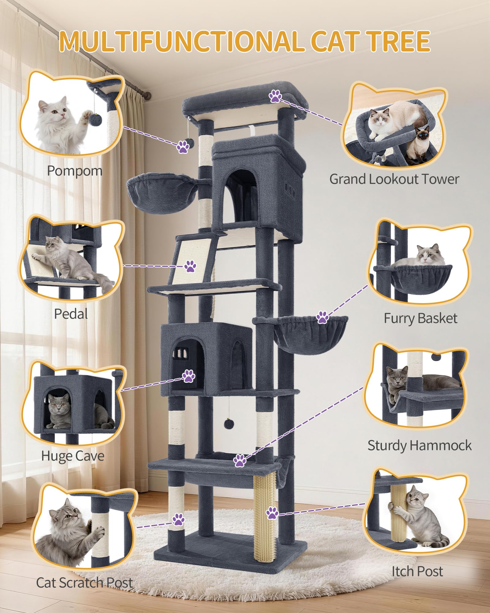 Hzuaneri Árbol para Gatos Grande, Torre para Gatos de Interior 213 cm con 2 Plataformas Grandes, 2 Cuevas, 2 Cestas, Hamaca y 5 Postes Rascadores, para Todas Las Razas, Gris Oscuro, MS21318SG