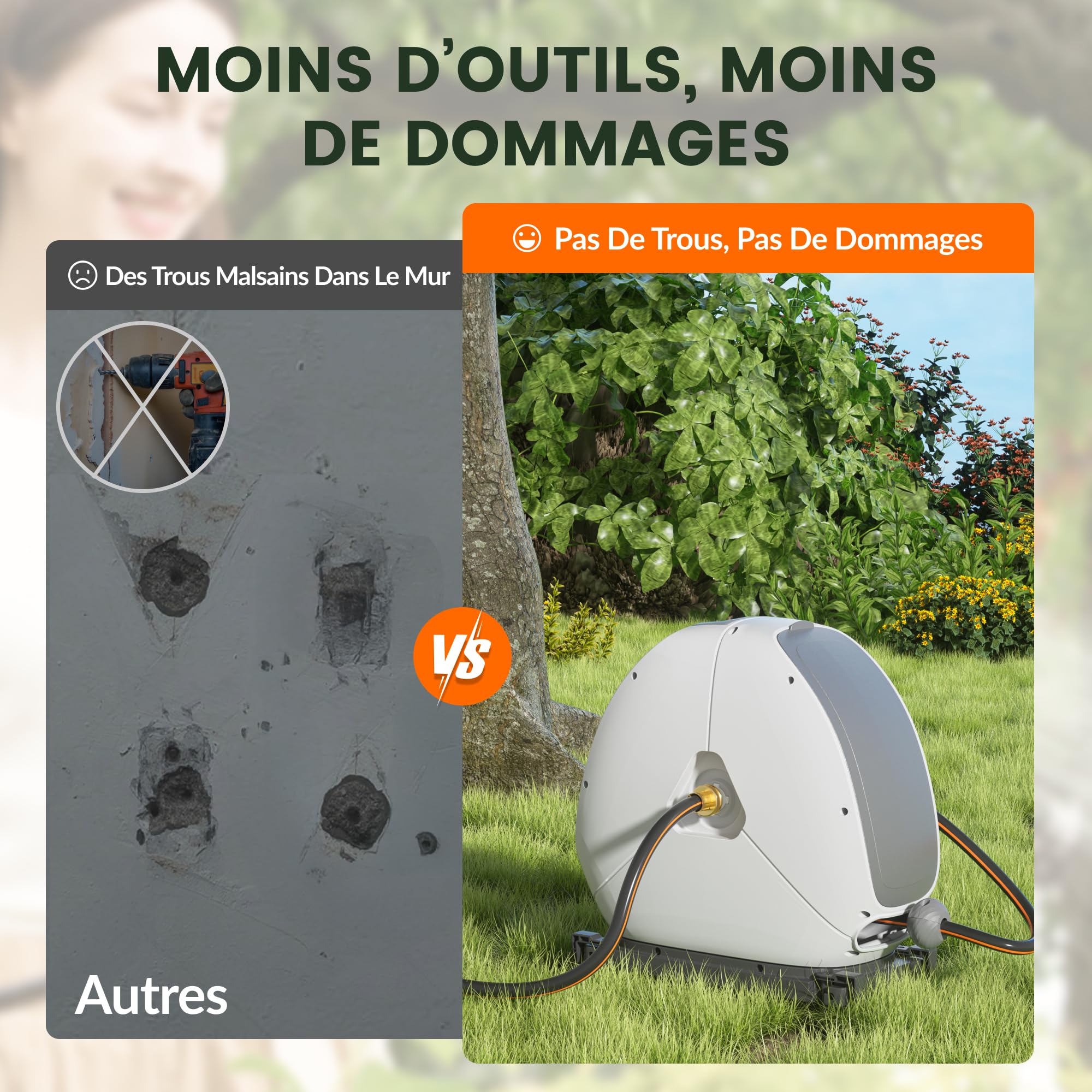 Giraffe Tools Enrouleur de tuyau d'arrosage rétractable de 40 m, très résistant, avec buse de pulvérisation 7 fonctions et 360° base pivotante flexible