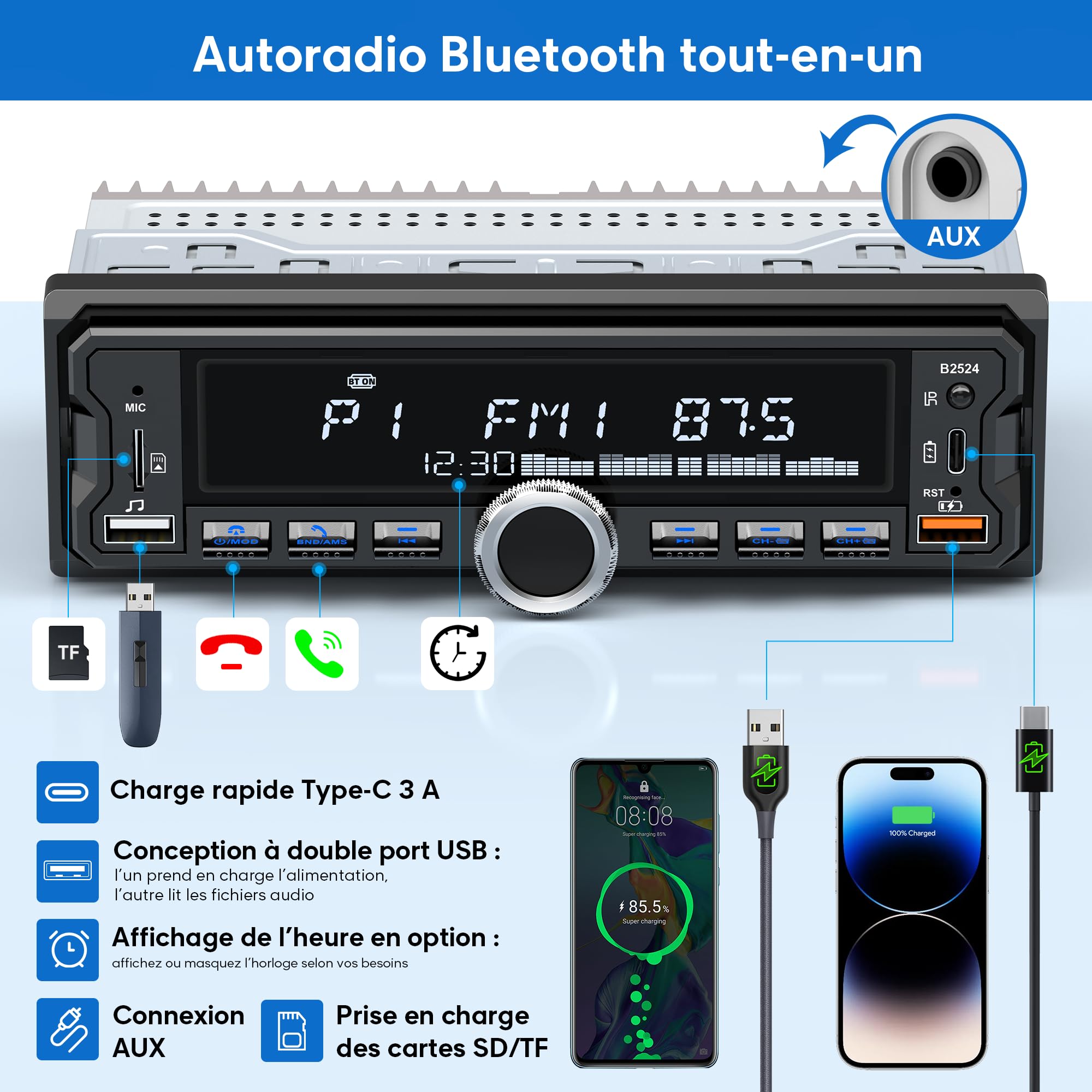 Autoradio DAB/DAB+, CENXINY Auto Radio Bluetooth RDS/FM/AM,1 Din Autoradio mit Fernbedienung,unterstützt 2 USB,AUX-Eingänge,TF/SD/FM/iOS Android,Multicolour