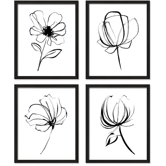 Buy Black White Flower Wall Art Print UNFRAMED 8x10, Simple Brush