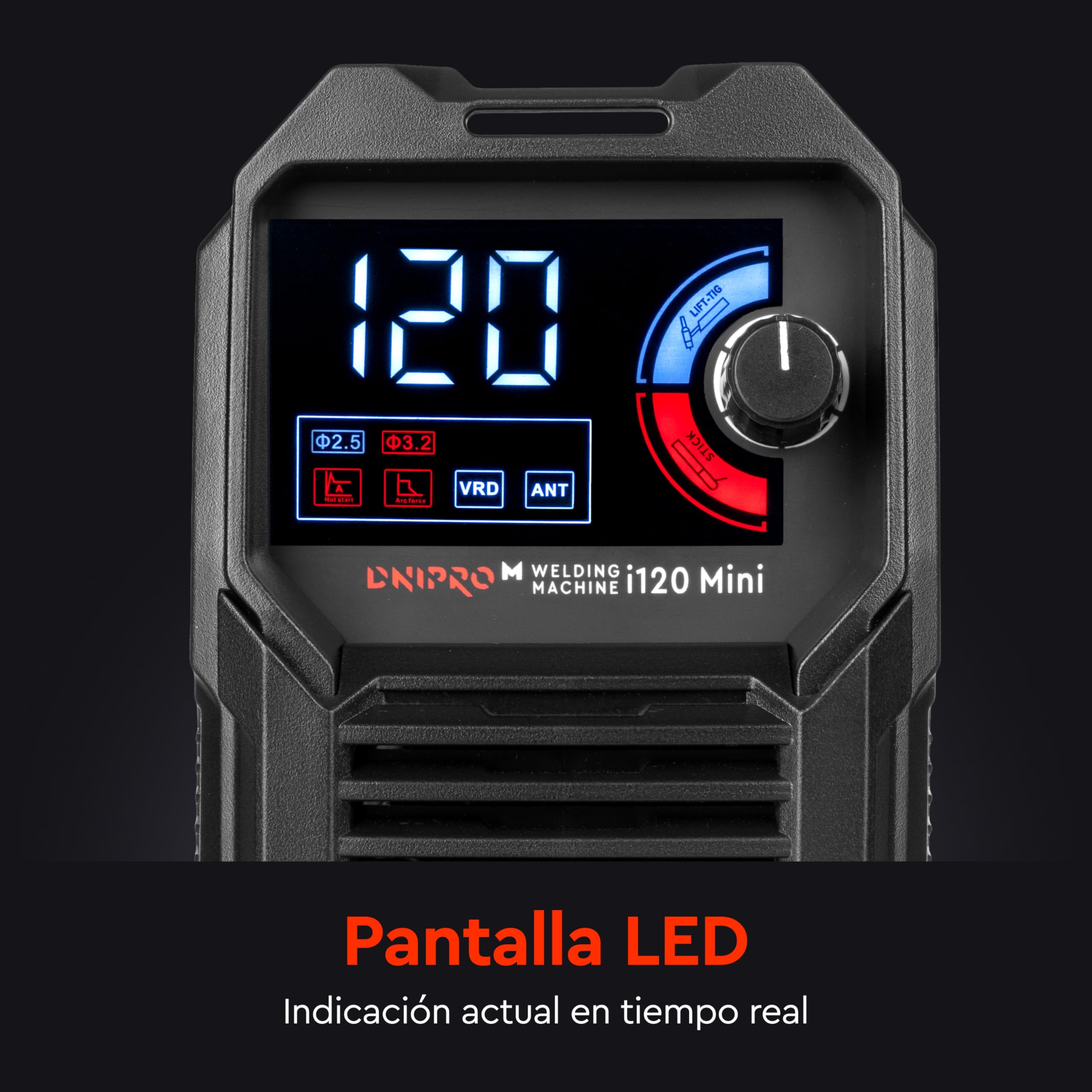 Soldador Inverter 120A MMA 2,06 kg con Tecnología IGBT, Hot Start, Arc Force, Anti Stick y VRD, Pantalla LED y Cables para Electrodos 1,6–3,2 mm – i120 Mini
