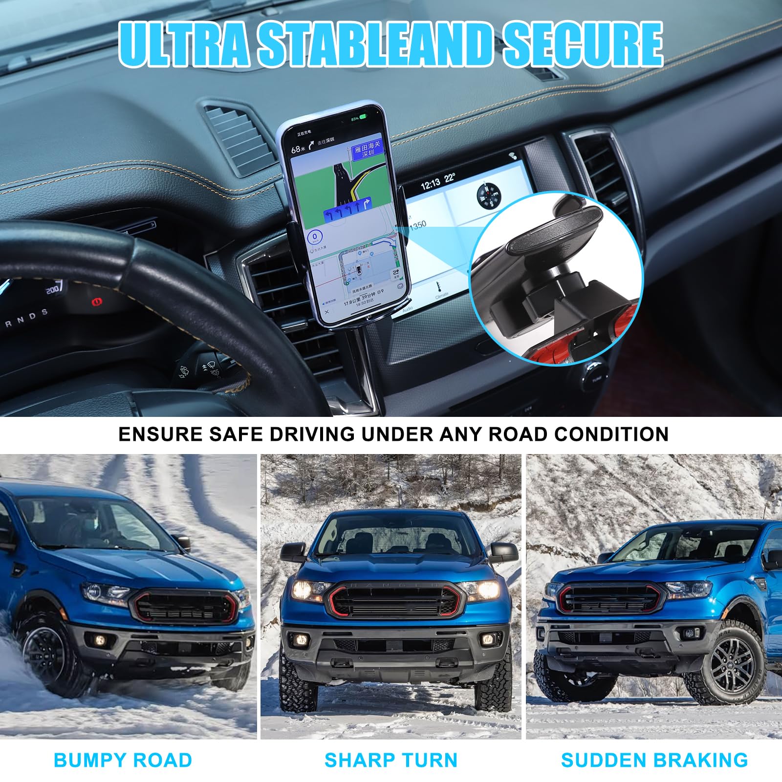 METYOUCAR Soporte de teléfono de coche para Ford Ranger 2015-2021, rejilla de ventilación central, soporte fijo giratorio de 360 grados para teléfono móvil para coche, apto para iPhone, Android y