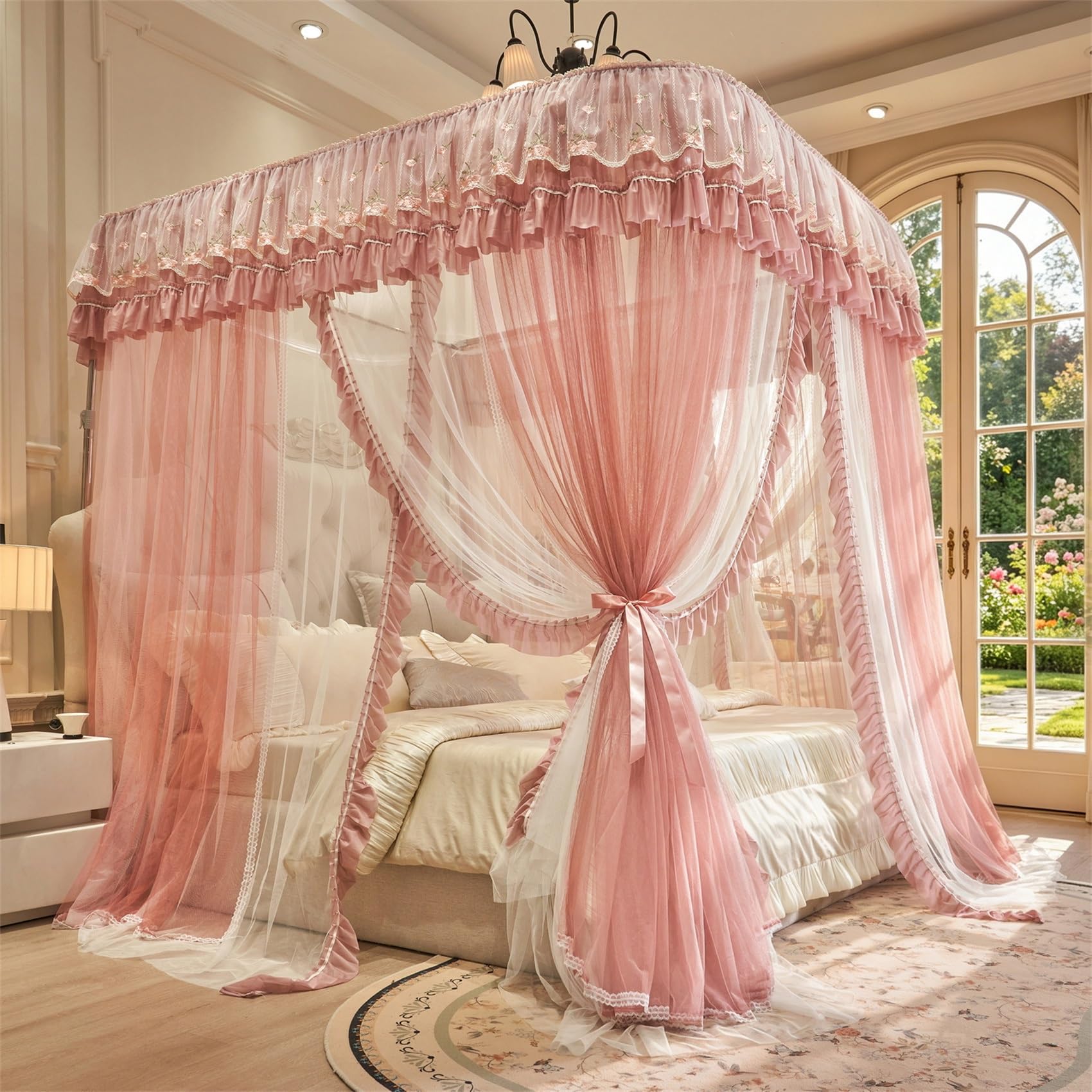 GUOIOOI Bed Canopy Curtain,Romantic Ruffle lace Princess Bed Canopy for Girls,U-Shape Double Layer Cozy Drape Bedroom Decor for Adults,Extra Tall 210cm(Dark pink,King/2x2.2M)