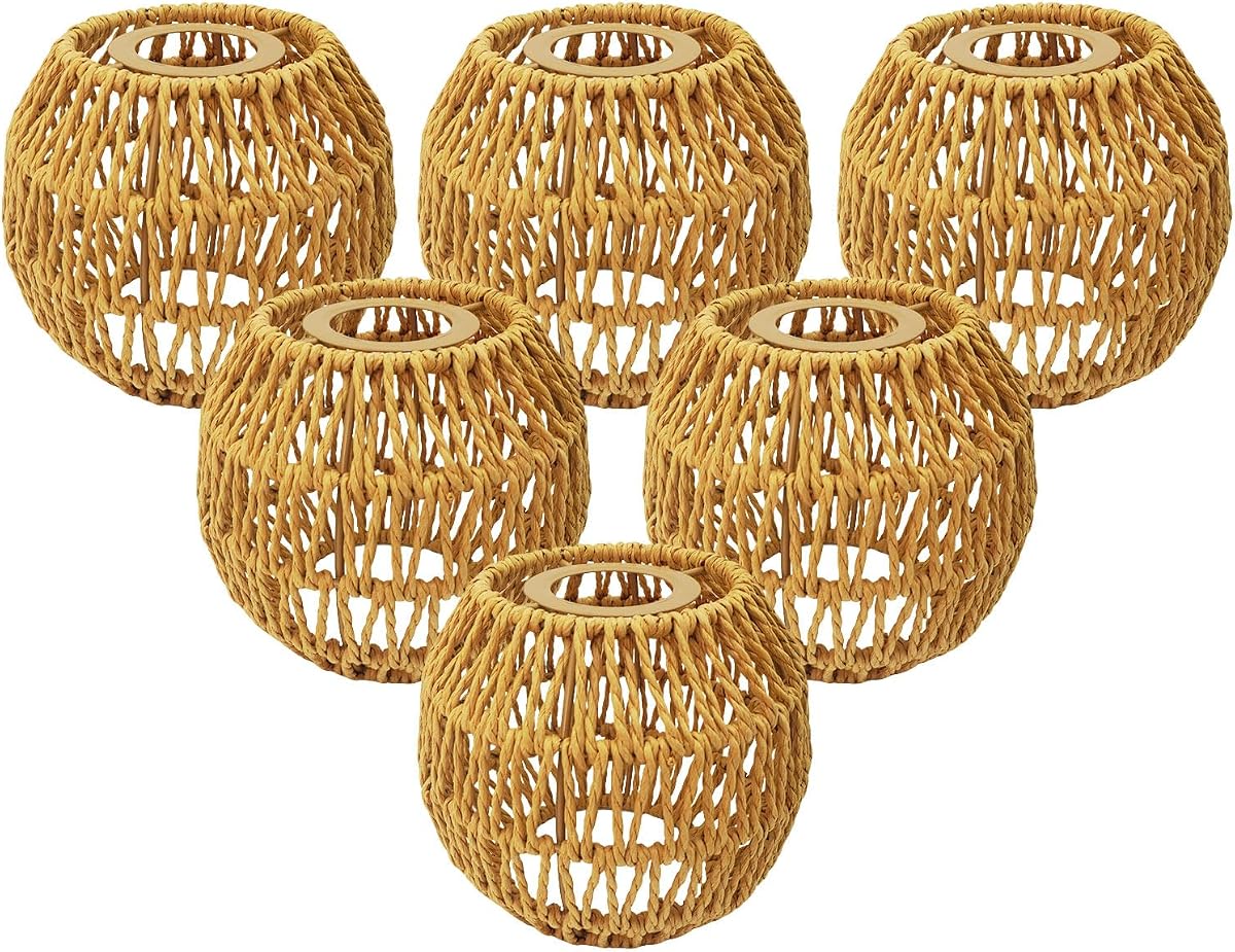 Paquete de 6 pantallas de lámpara de ratán boho - Pantallas de lámpara de mimbre natural con pantalla de farol | Pantallas de lámparas pequeñas tejidas a mano para luces colgantes, candelabros, apliques de pared, lámparas de pie y de mesa – Decoración vintage para el hogar de una granja
