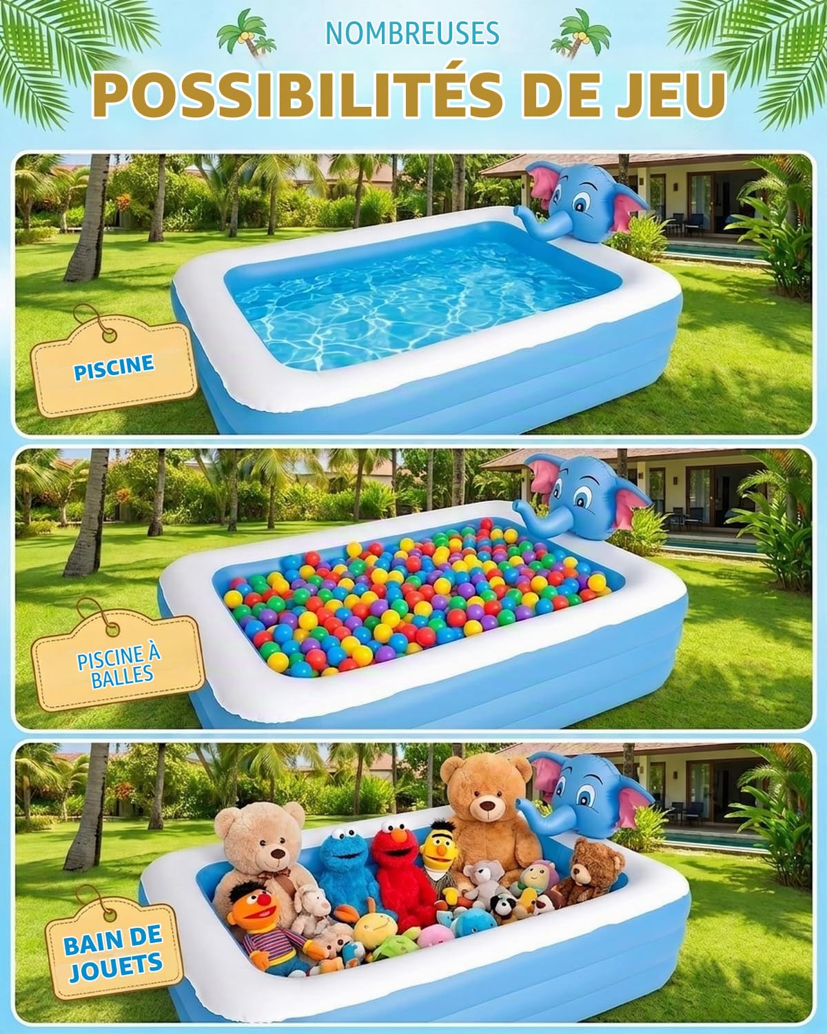 Piscine gonflable avec arroseur, tête d'éléphant 3D pour adultes, 200 x 150 x 50 cm, piscine de loisirs familiale, piscine pour enfants, jardin, cour ou intérieur