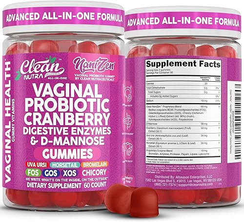 Clean Nutra - Gomitas probióticas vaginales para mujeres, enzimas digestivas de arándano, D, manosa, probiótico, dmanosa, cola de caballo,