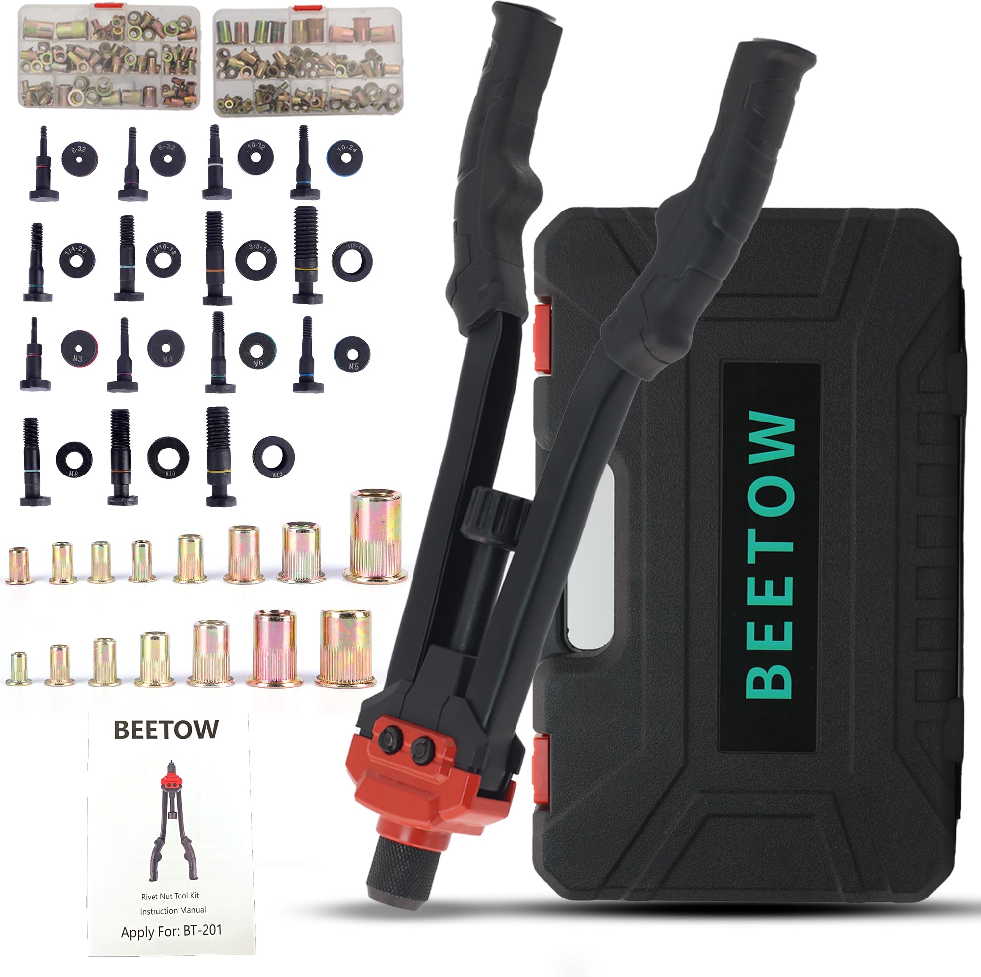 BEETOW Rivet Nut Tool Kit, 16 Inches Rivet Nut Gun, 15 Types Mandrel, 200 Pcs Rivet Nut in Two Box, a Carrying Storage Case
