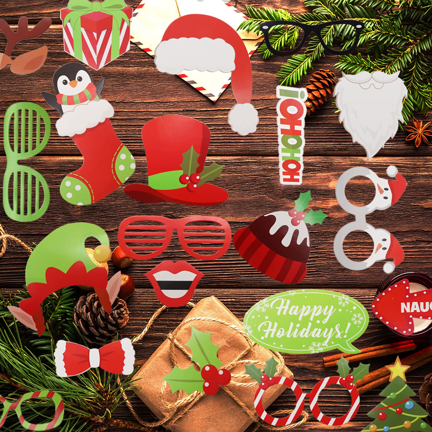 32 stuks Kerst Fotocabine rekwisieten, Xmas Party Photobooth Rekwisieten met tijdelijke tatoeages voor familiefoto's en kerstevenementen feestbenodigdheden