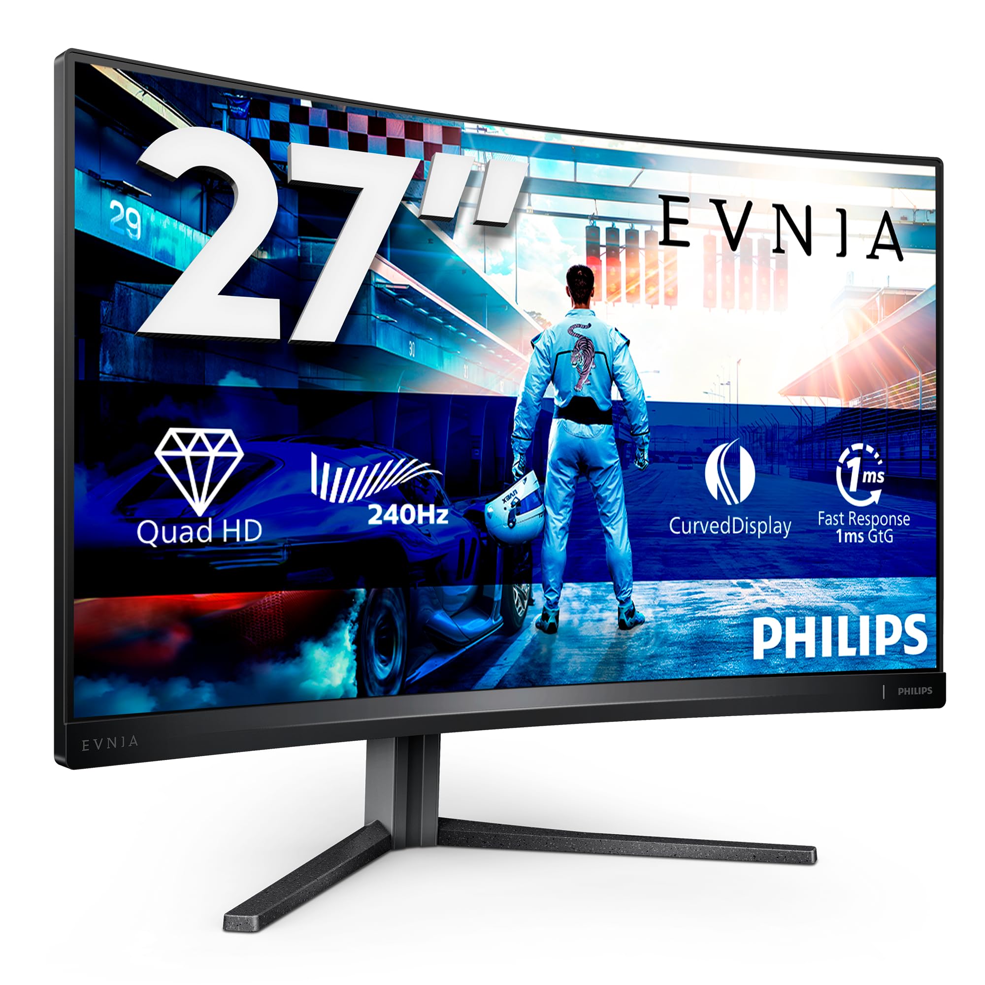 PHILIPS Evnia 27M2C5500W 27 Zoll Curved, WQHD USB Hub Gaming Monitor, 240Hz, Fast VA Panel, 1ms GtG, HDR400, FreeSync Premium Pro, Höhenverstellung,(2560x1440 HDMI 2X 2.0 DP 2X 1.4) Grau