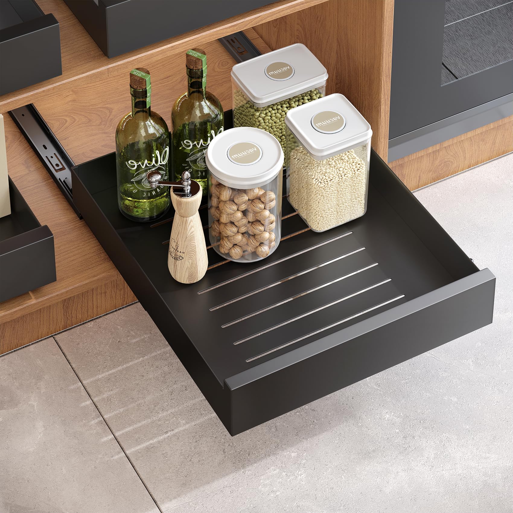 Kitstorack Pull Out Cabinet Organiser,Pull Out Shelf Slide Out Drawers Storage for Kitchen Cupboards,Heavy Duty Extendable Sliding Drawer,No Need Drill,（43 Depth x 35 Width） cm,Black