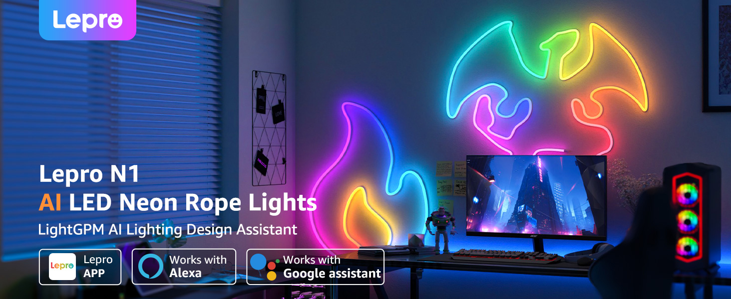 Lepro N1 IA Ruban LED 3M, Concepteur d'Éclairage IA Personnalisé, Bande LED Neon IP65 Étanche, Contrôle Segmenté Intelligent, Contrôle App, Music Sync, Compatible avec Alexa et Google Assistant