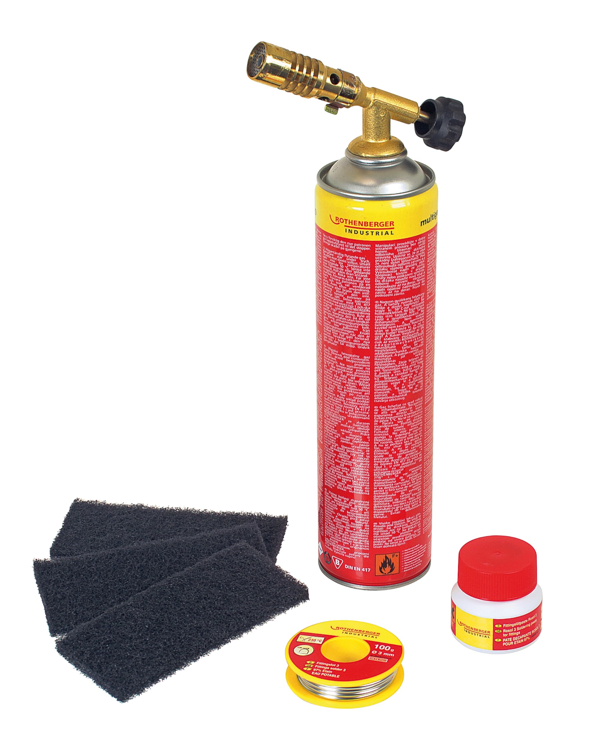 ROTHENBERGER Industrial RoFix Set 1800 Lötbrenner 6-teiliges Komplettset 650°C | inkl. Multigas 600 ml, 3x RoVlies, 1x Fittinglötpaste 100g, 1x Fittingslot 100g | 2,5 h Arbeitszeit | 35513