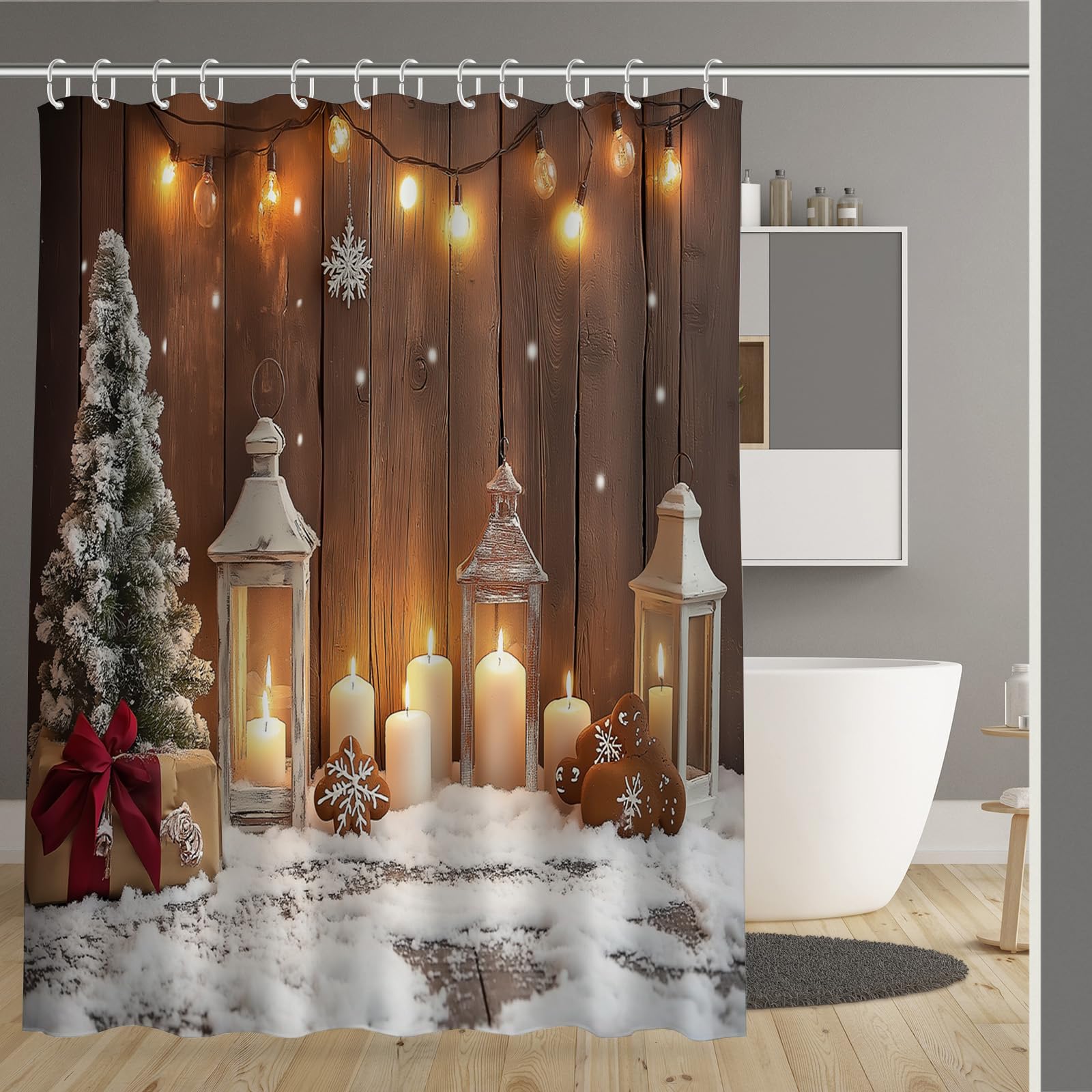 Rideau de douche 180x180cm en polyester haut de gamme lavable à motif bougies de Noël