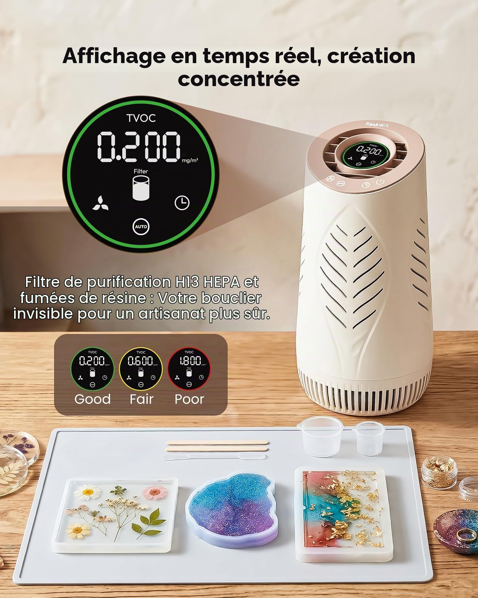 Resiners Purificateur Air avec Filtre HEPA H13 Époxy
