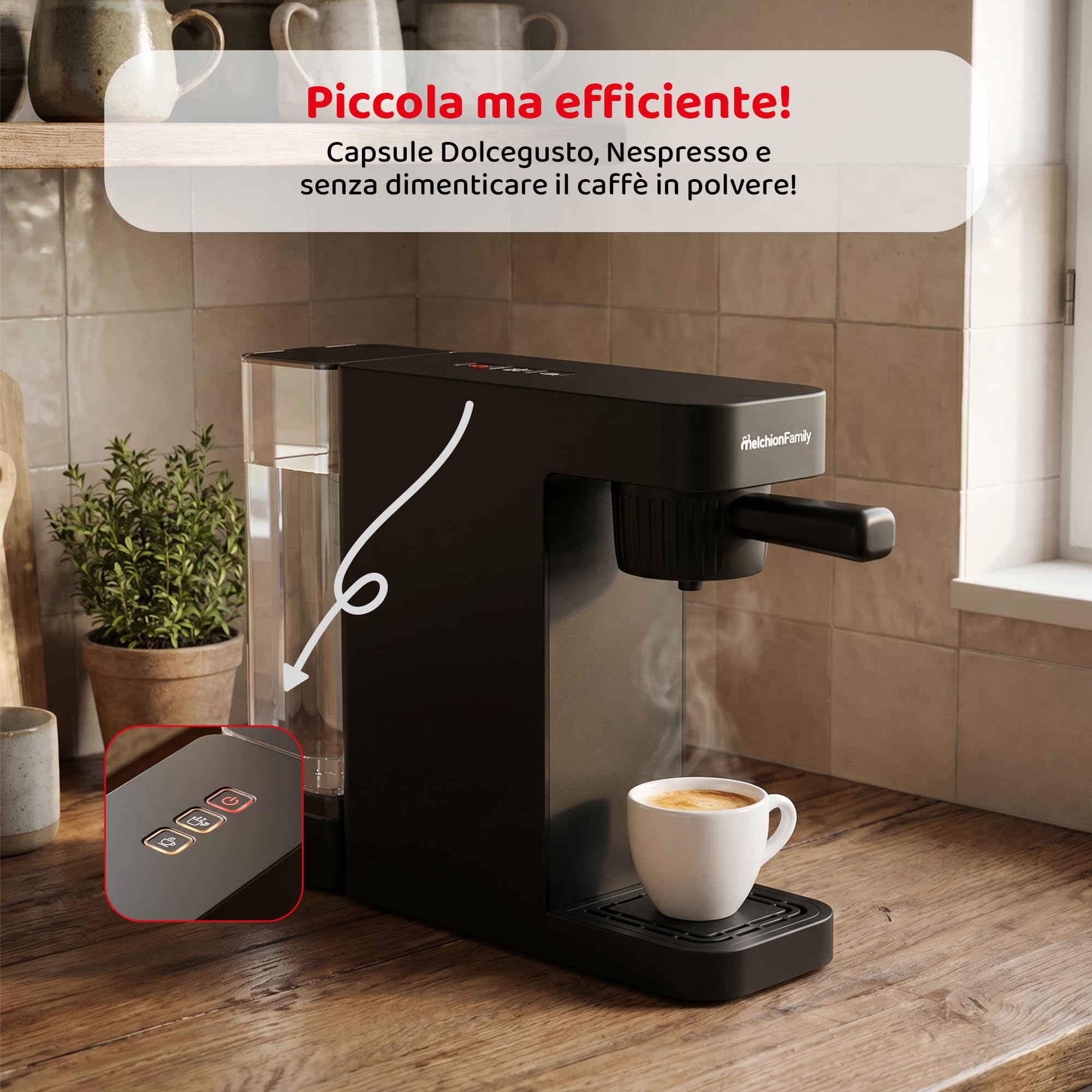 Melchioni Sublime - Macchina del Caffè 3 in 1 - Compatibile con Capsule Nespresso, Dolce Gusto e Caffè Macinato - Pompa 20 Bar - 1450W - Serbatoio 0,6L - Caffè Lungo e Corto (Nero)