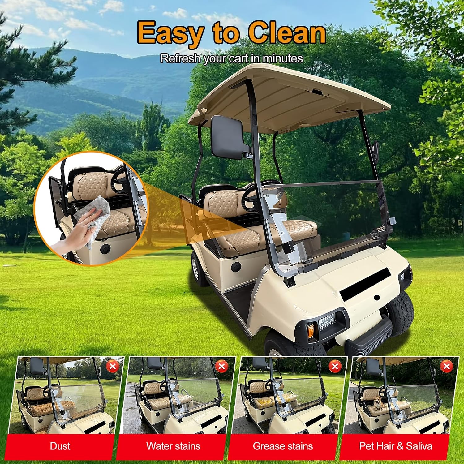 Staple-On Golf Cart Front Seat Covers Replacement for Club Car DS 2000.5-Up, Luxury Diamond Stitch PU Leather Seat Bottom & Backrest Covers