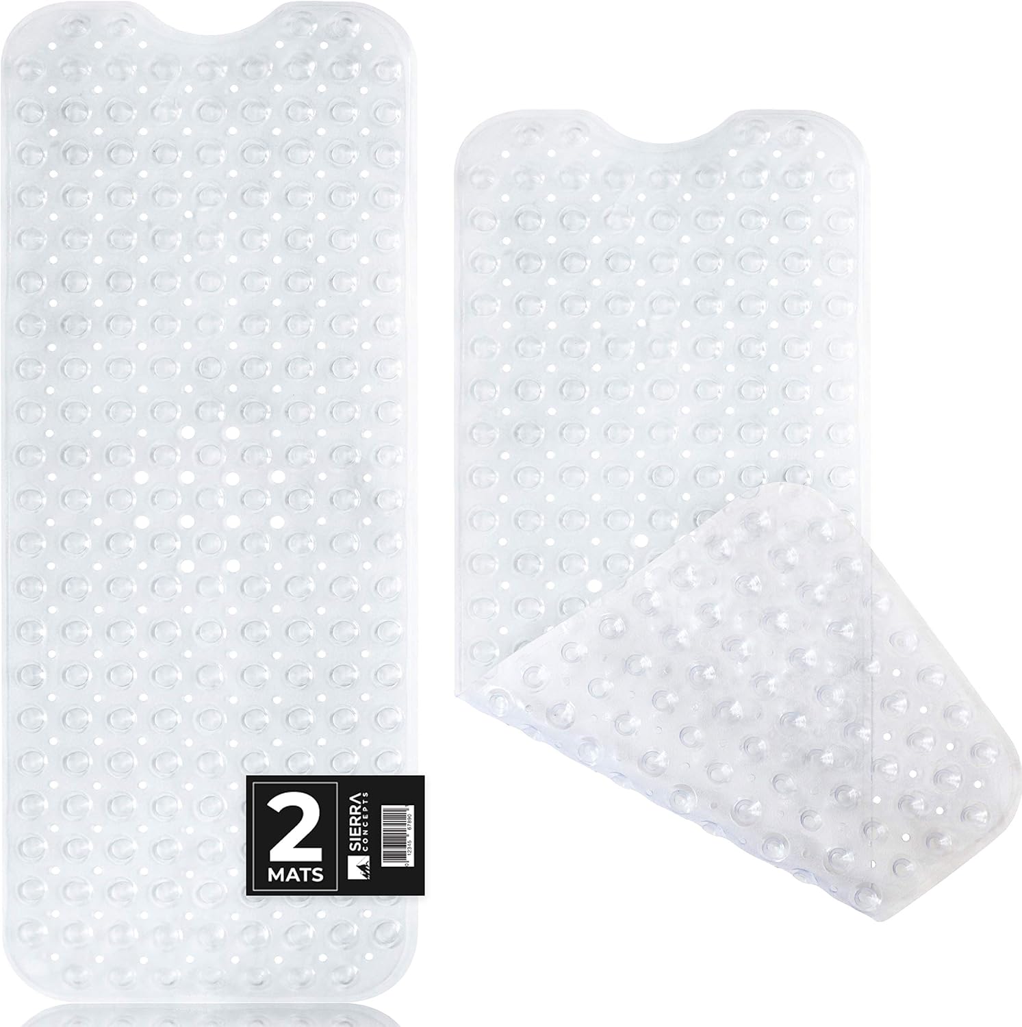 Sierra Concepts 2-Pack Bath, Shower, Tub Mat Clear (39x16) Non Slip, Machine Washable, Bathtub Mats - Drain Holes, Suction Cups, XL Rectangle Size