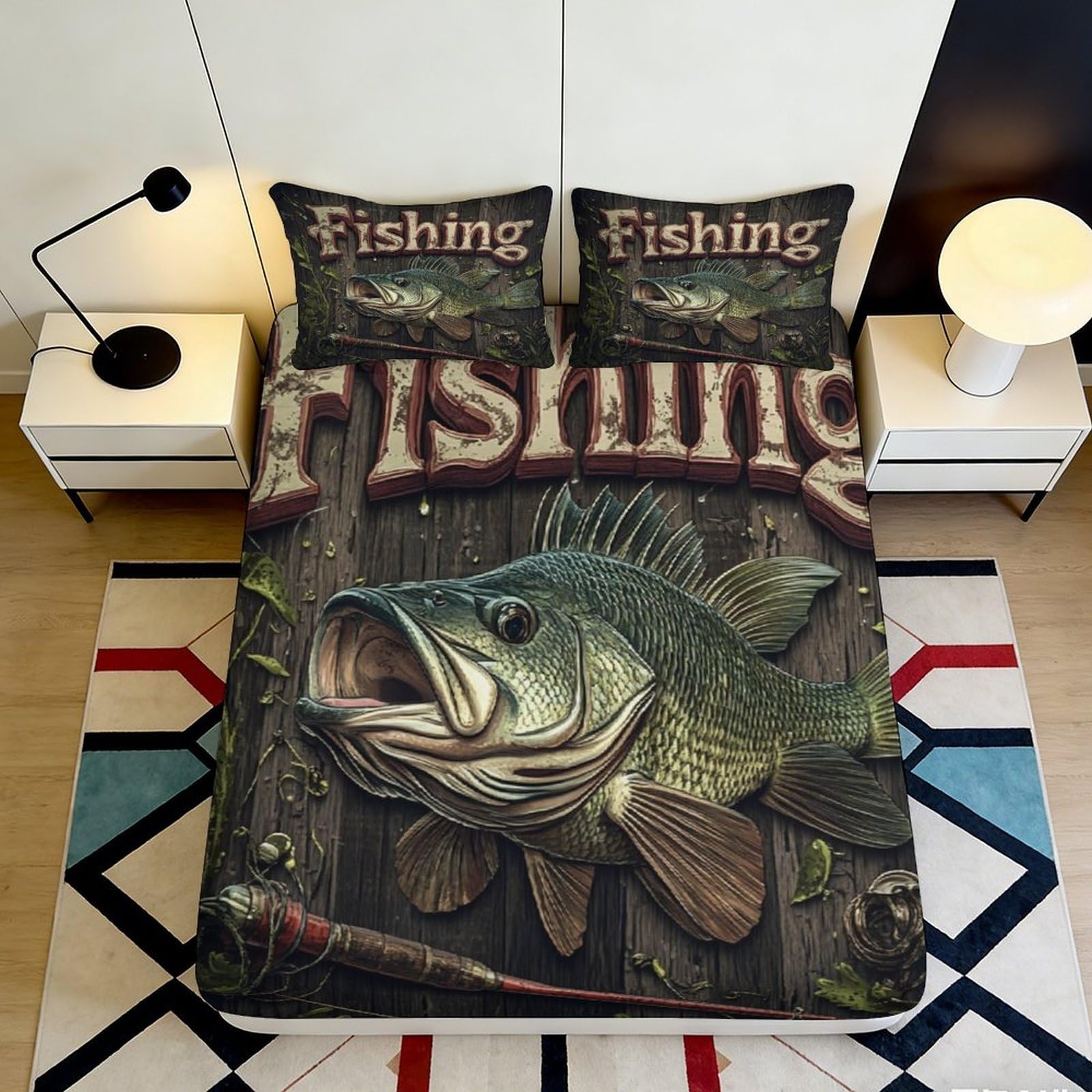 Zfldkwgb Style-5 3D Printed Largemouth Bass Fitted Sheet Microfiber Soft Anti-Slip Fishing Art Mattress Cover For Bedroom Dorm Decor 90X200x25cm