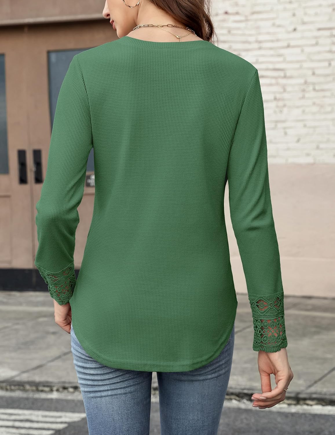 AGSEEM Women's Casual V Neck Long Sleeve Waffle Knit Textured Lace Hollow Out Shirts Curve Hem Loose Tunic Tops Blouses - Image 5