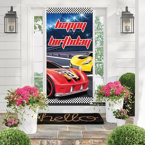 Miniatura 4 de Cartel de fondo de carreras de coches con texto en inglés Happy Birthday para decoración de puerta con temática de competición de autos de carreras