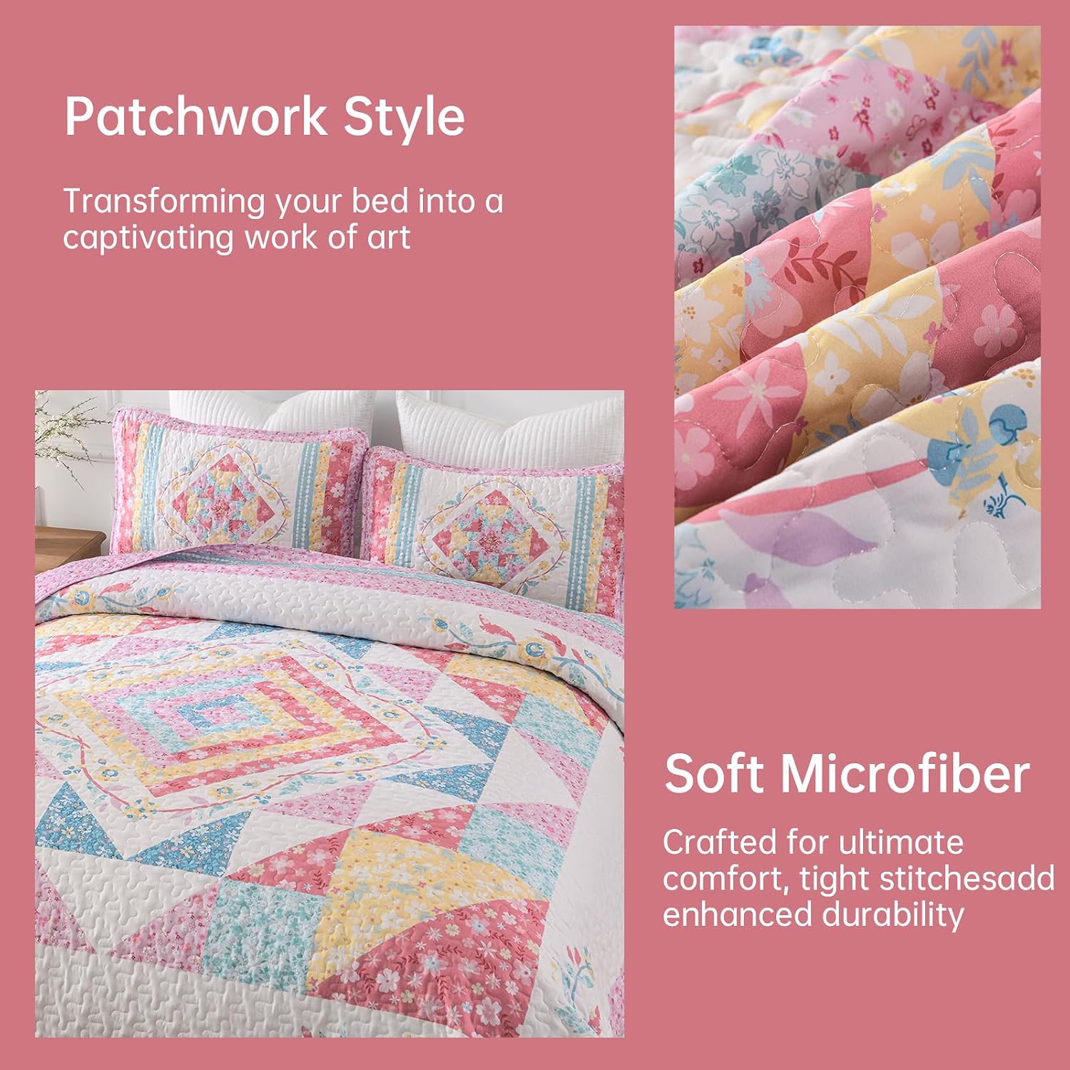 Dobuyly Queen Quilt Set,Floral Patchwork Bedspreads Queen Size,Summer Pink Girl Vintage Lightweight Coverlet Set for Queen Bed for All Season96 x90